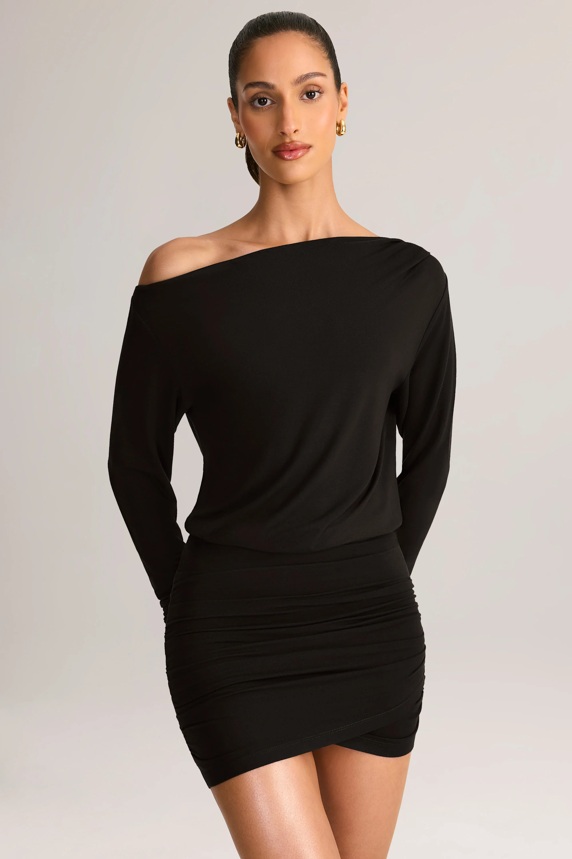 Modal Off-Shoulder Wrap Mini Dress in Black - Image 6