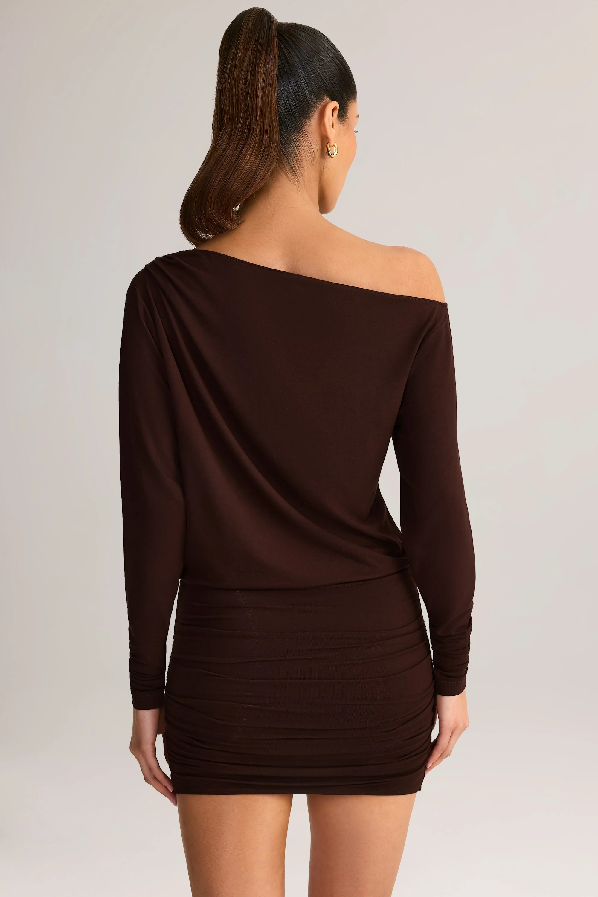 Modal Off-Shoulder Wrap Mini Dress in Chocolate Brown - Image 2
