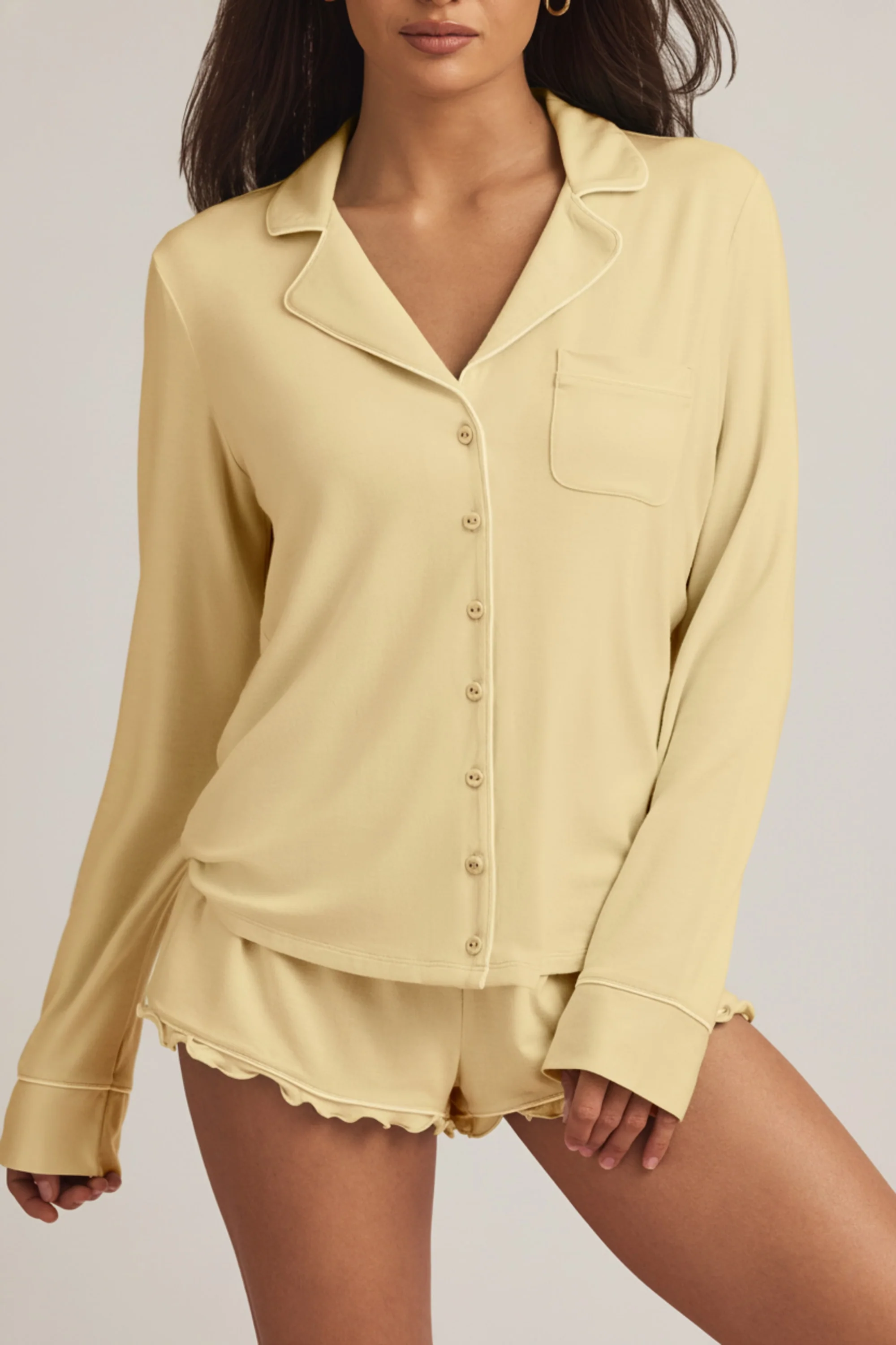 Modal Long-Sleeve Pyjama Top in Pastel Yellow - Image 6