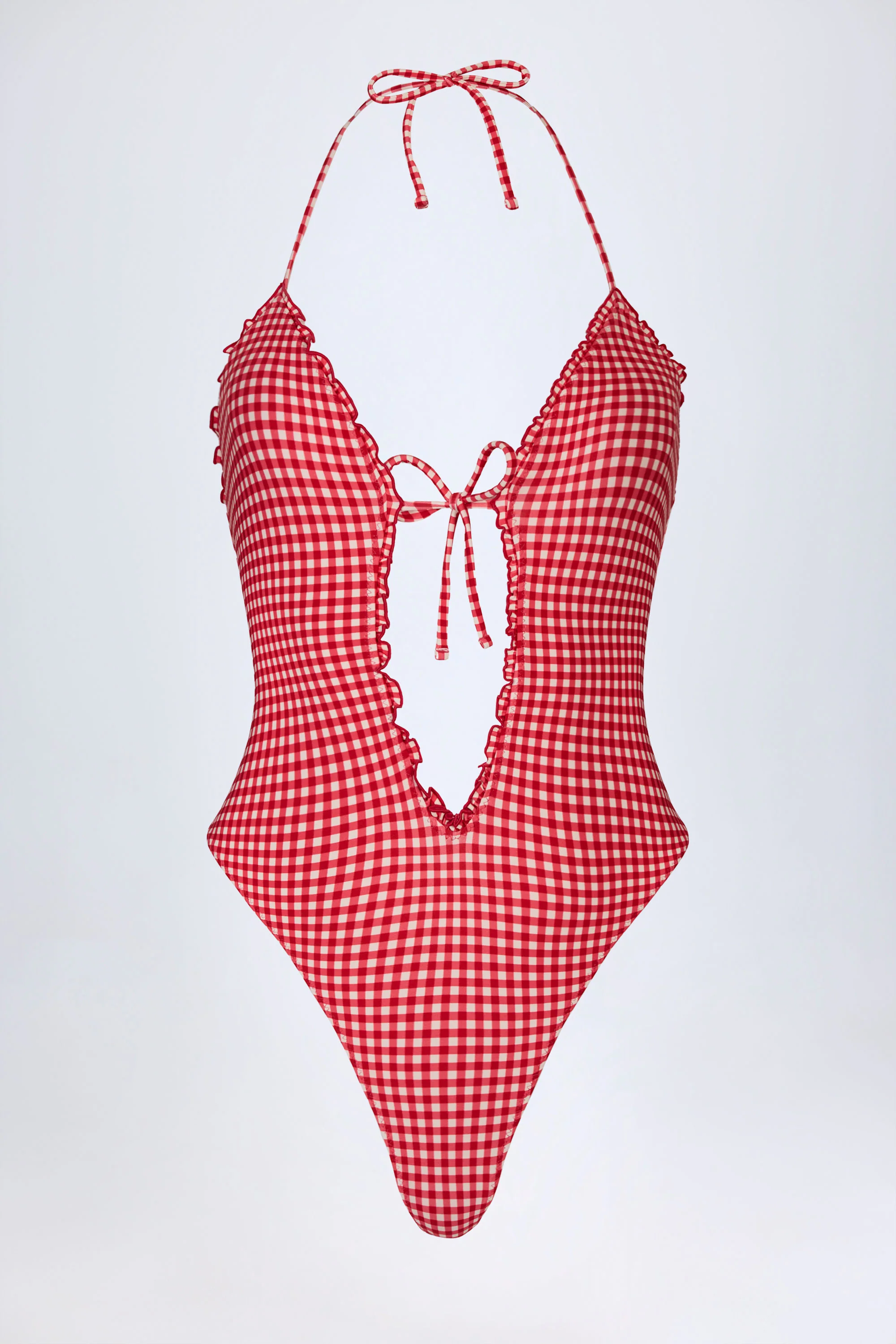 Ruffled Cut-Out Halterneck Swimsuit in Red Gingham - Image 4