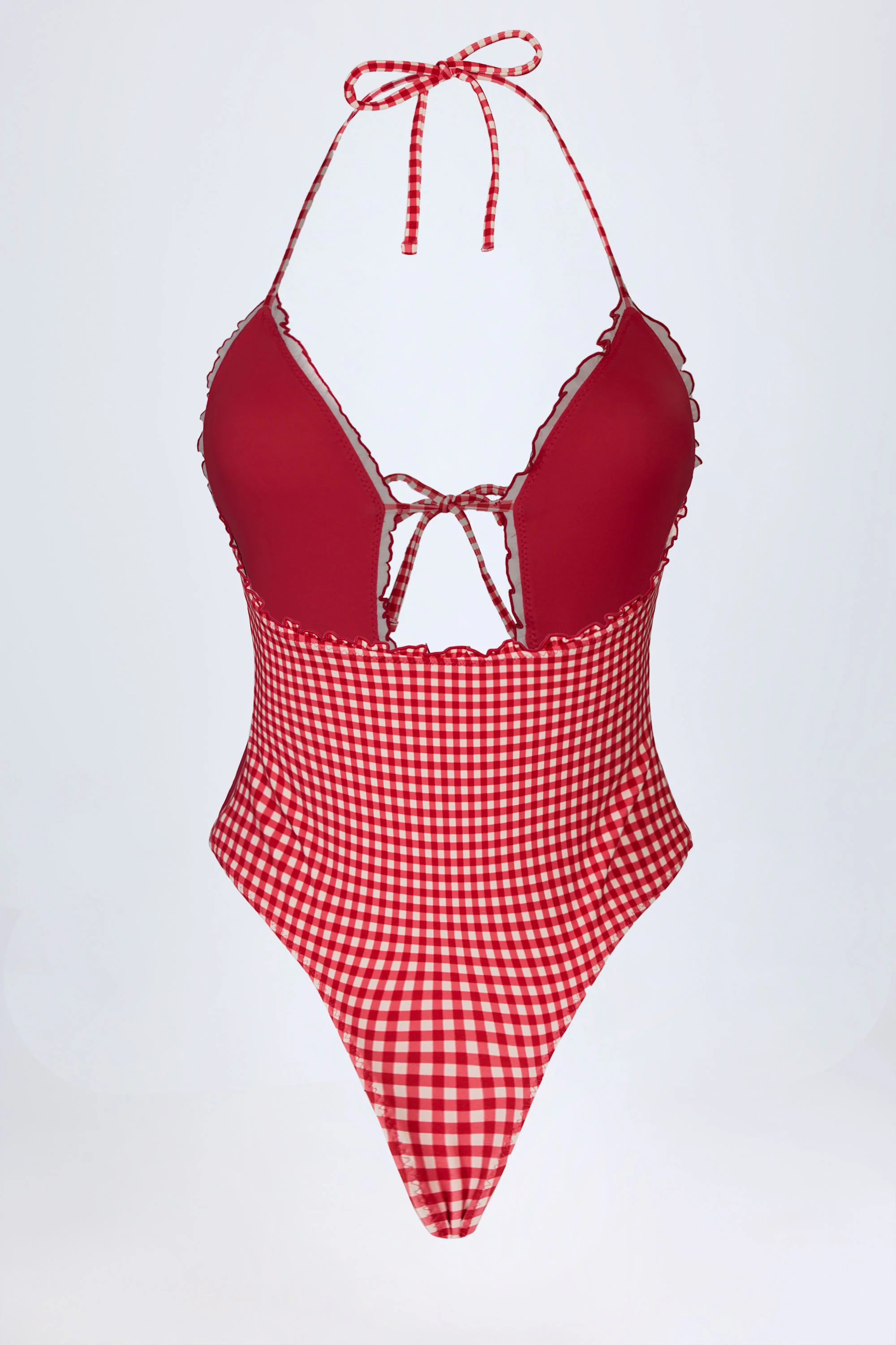 Ruffled Cut-Out Halterneck Swimsuit in Red Gingham - Image 5