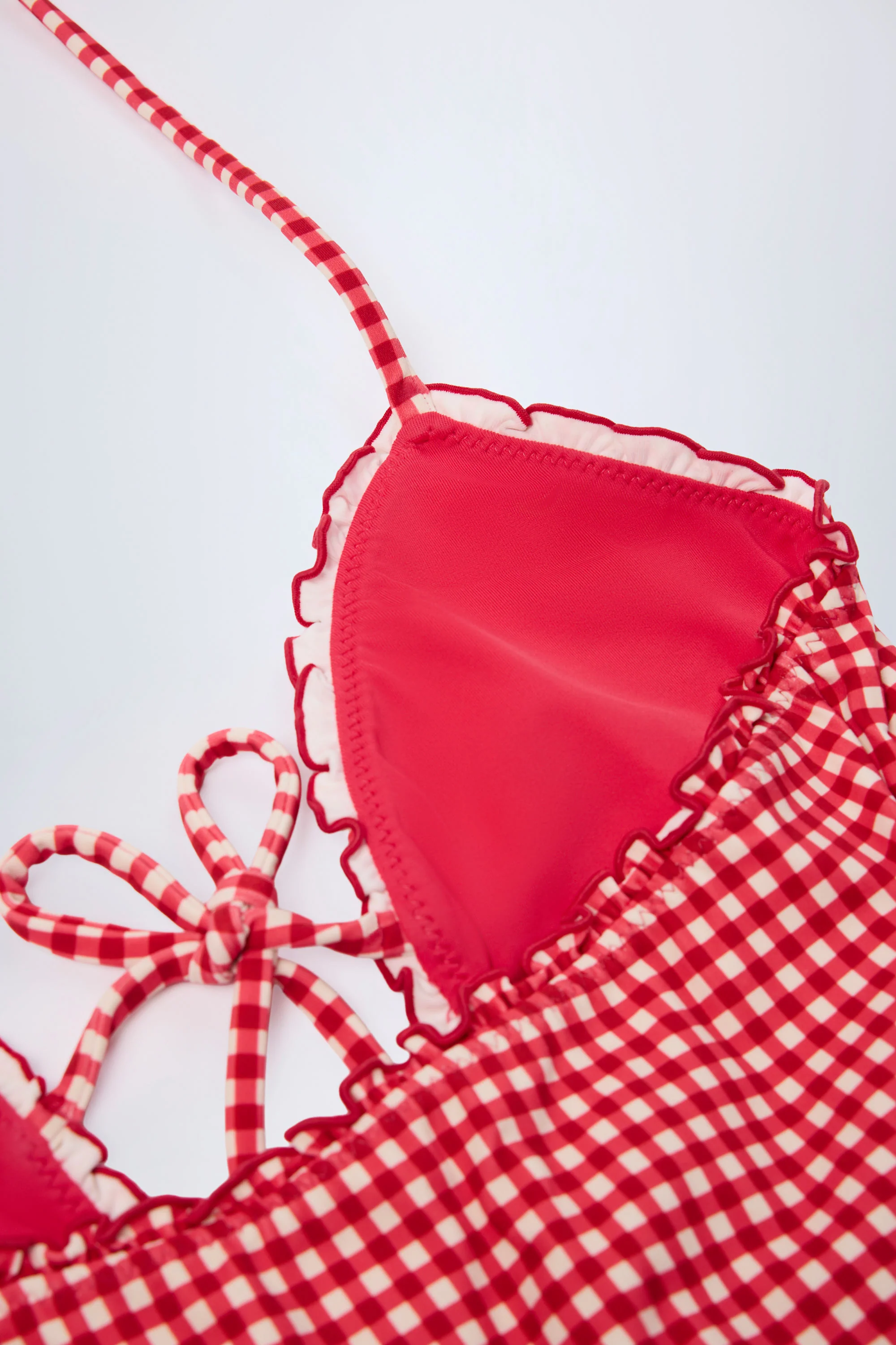Ruffled Cut-Out Halterneck Swimsuit in Red Gingham - Image 7