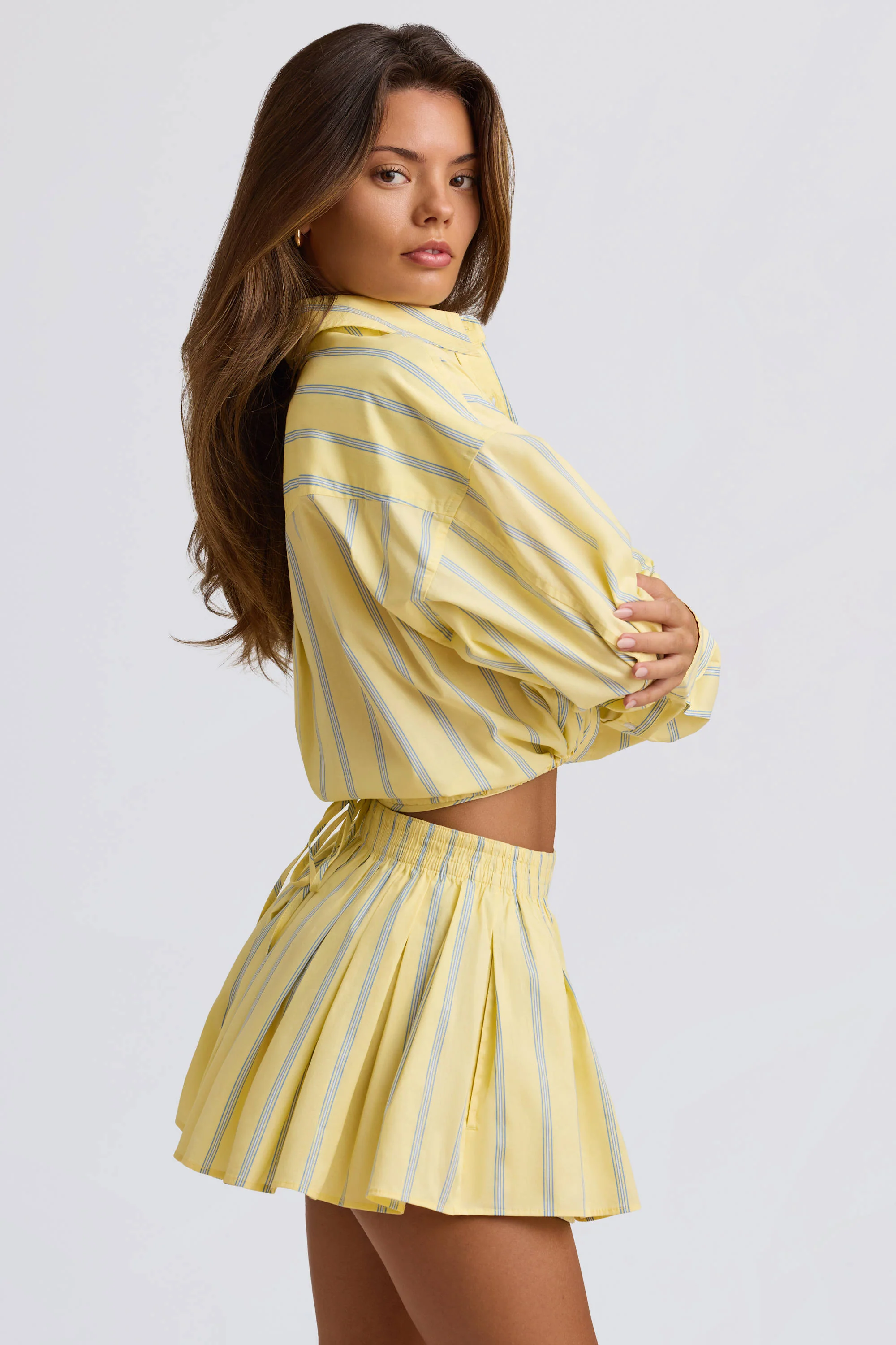 Cotton Poplin Stripe Multiway Cropped Shirt in Yellow Stripe - Image 3