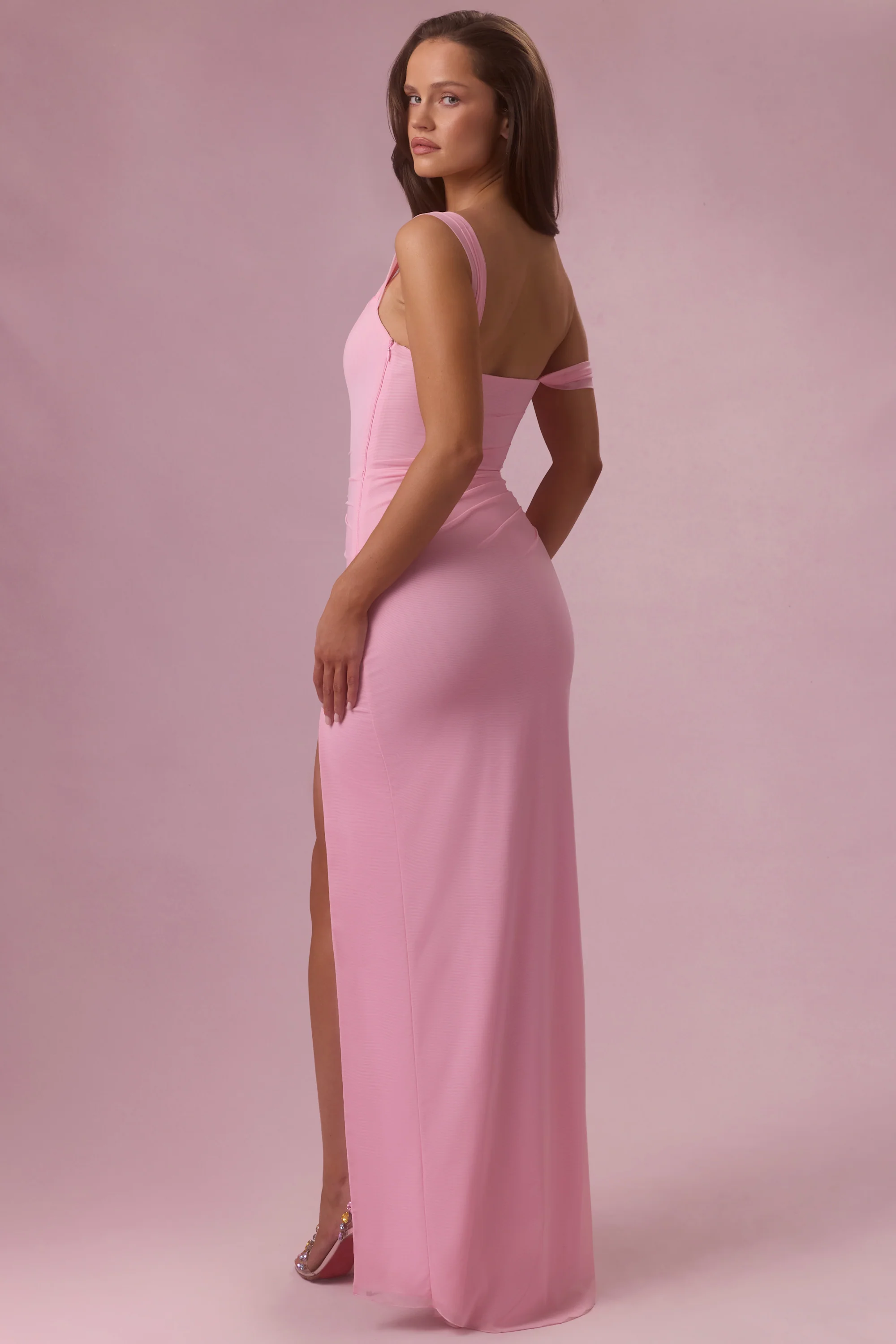 Mesh Draped Corset Gown in Candyfloss Pink - Image 2