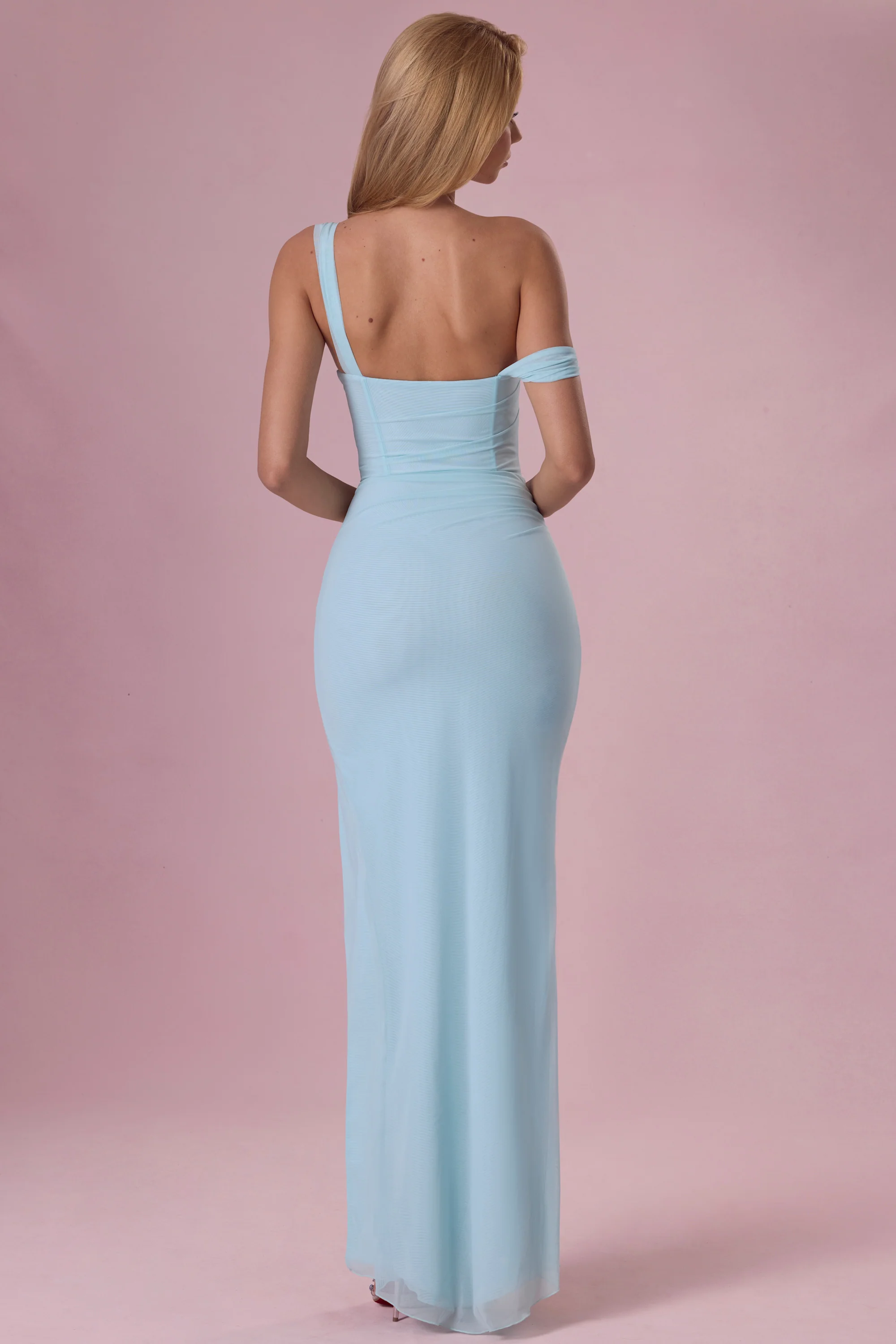 Mesh Draped Corset Gown in Light Aqua - Image 3