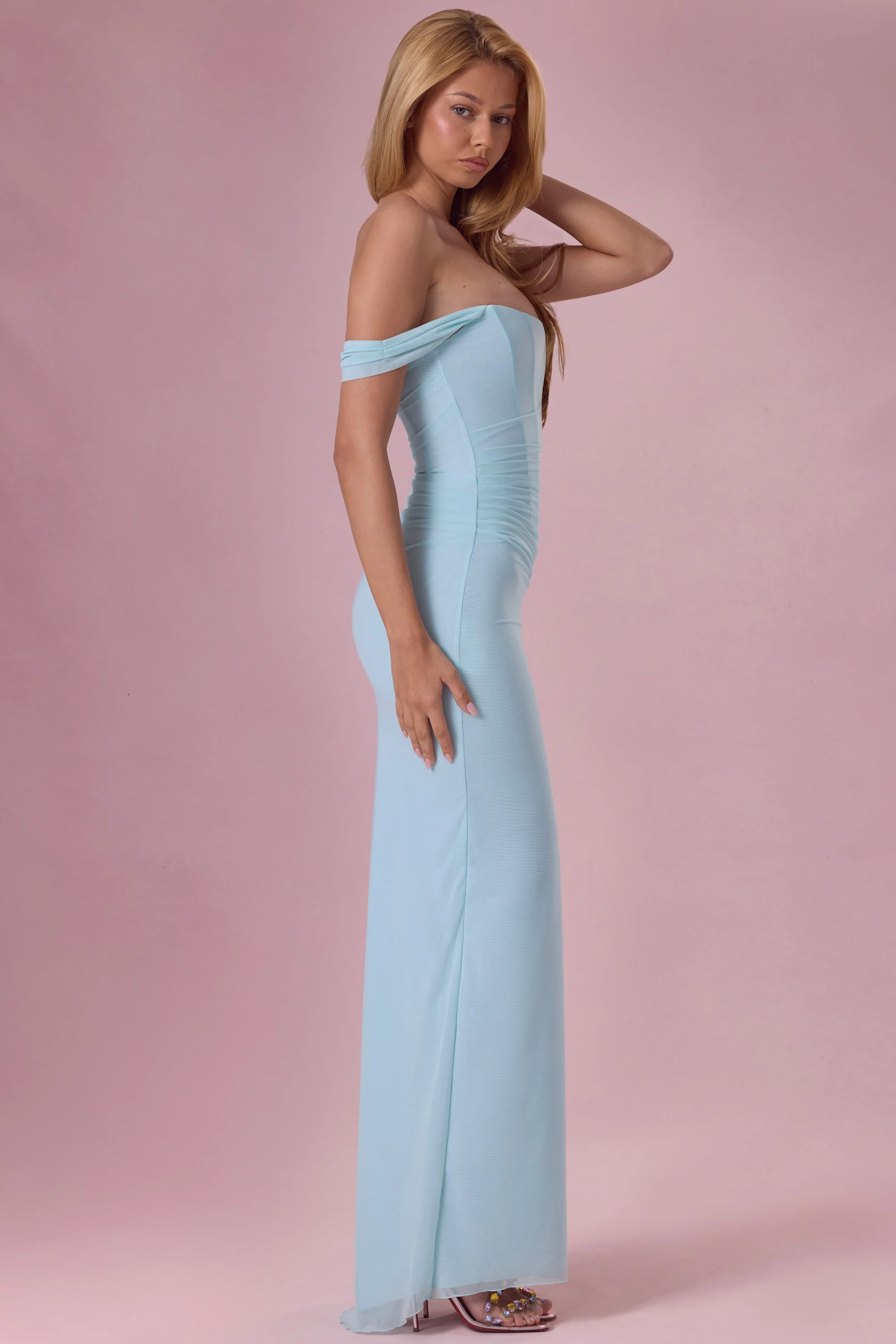 Mesh Draped Corset Gown in Light Aqua - Image 5