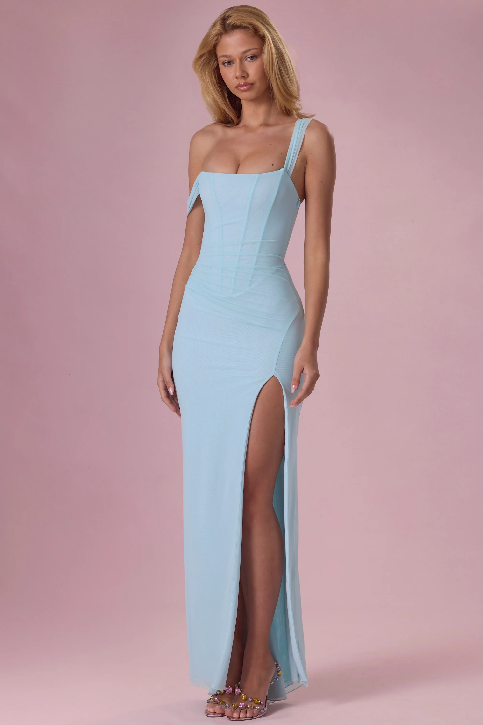 Mesh Draped Corset Gown in Light Aqua - Image 6