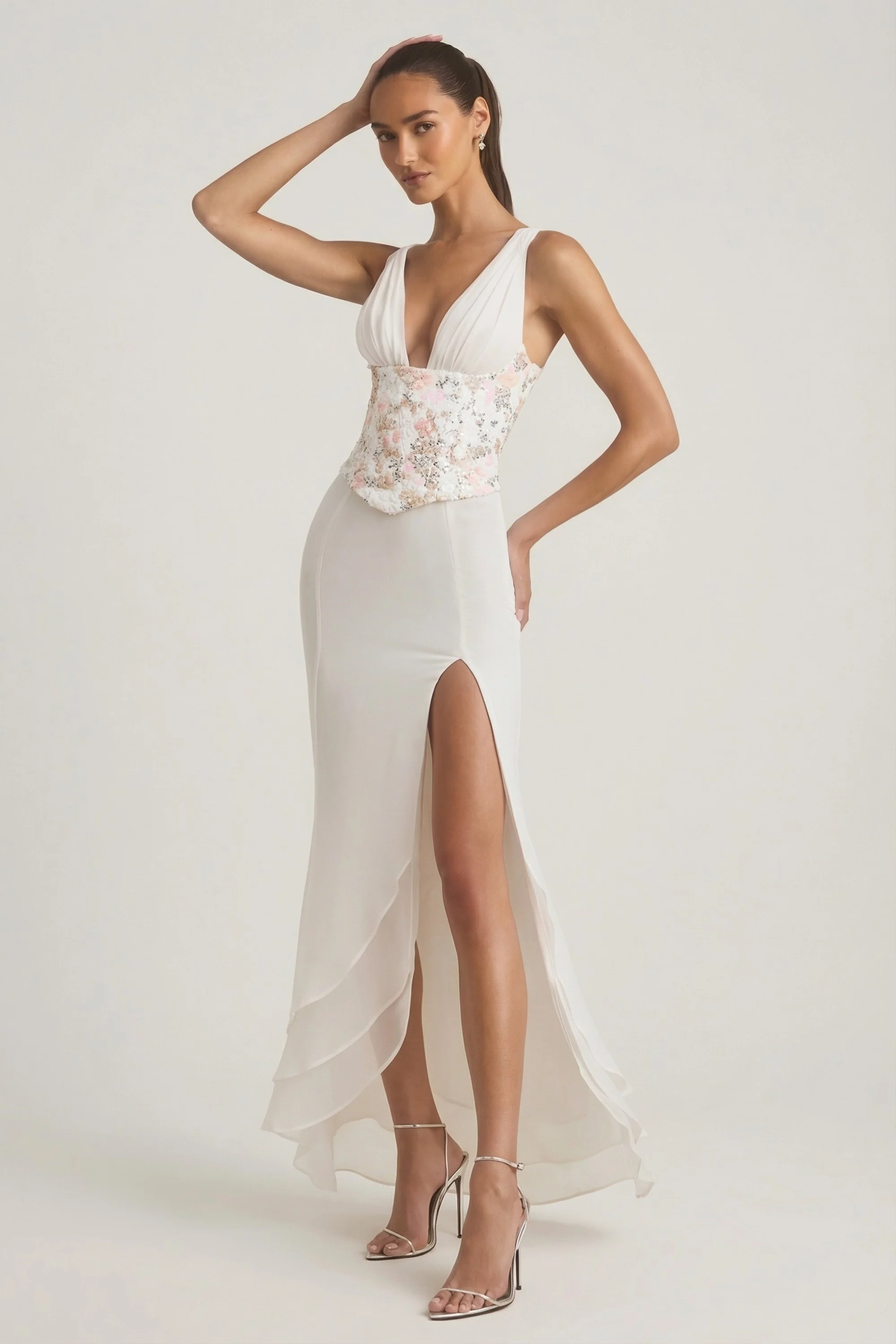 Embellished Plunge Ruffled Corset Maxi Dress in Ivory - Image 5