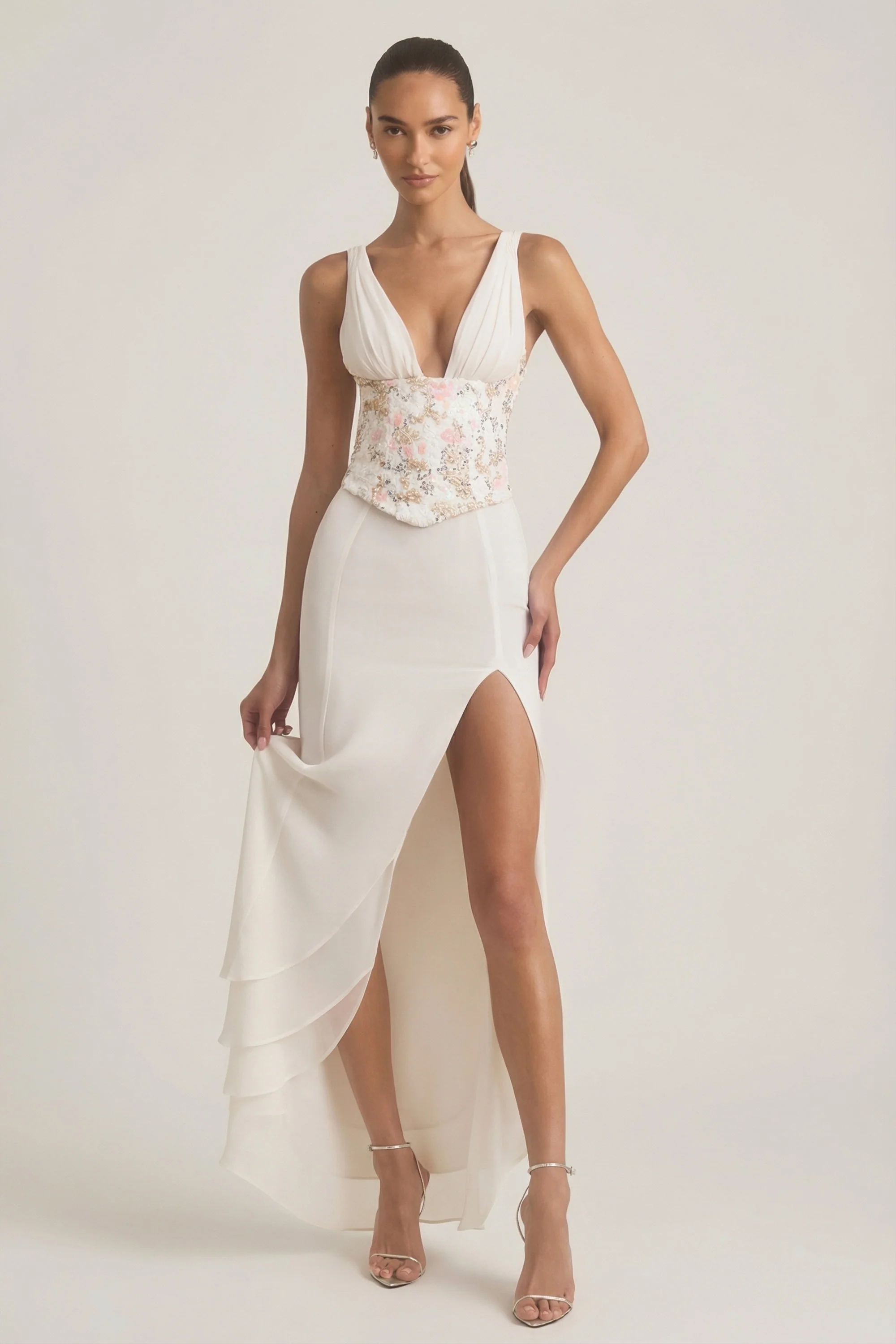 Embellished Plunge Ruffled Corset Maxi Dress in Ivory - Image 7