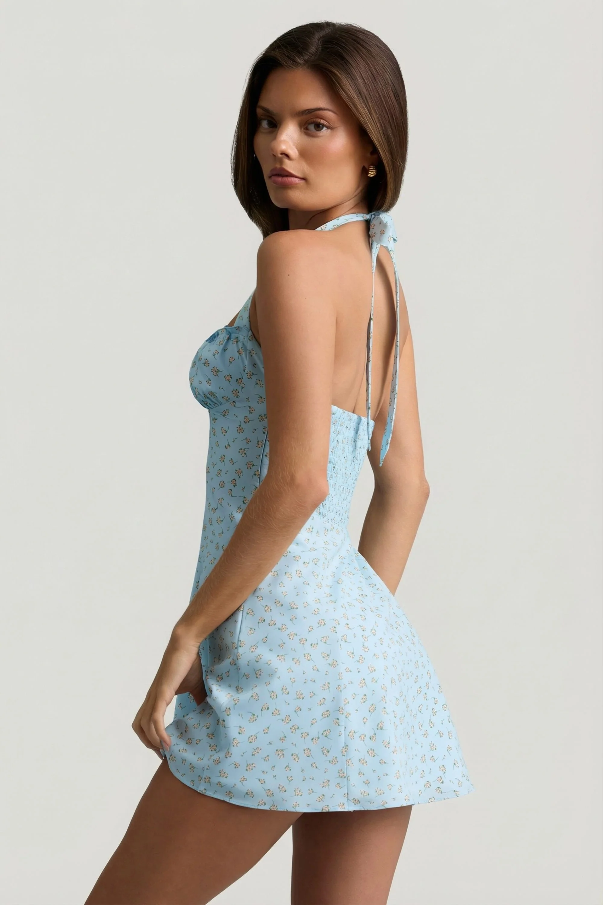 Halterneck A-Line Mini Dress in Blue Flower Print - Image 2