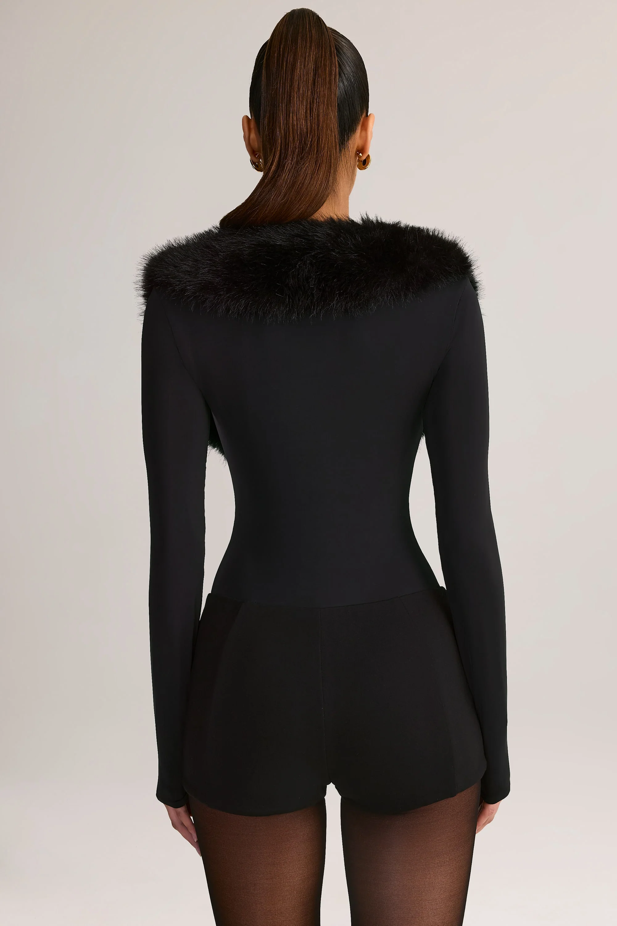 Faux Fur-Trim Corset Playsuit in Black - Image 2