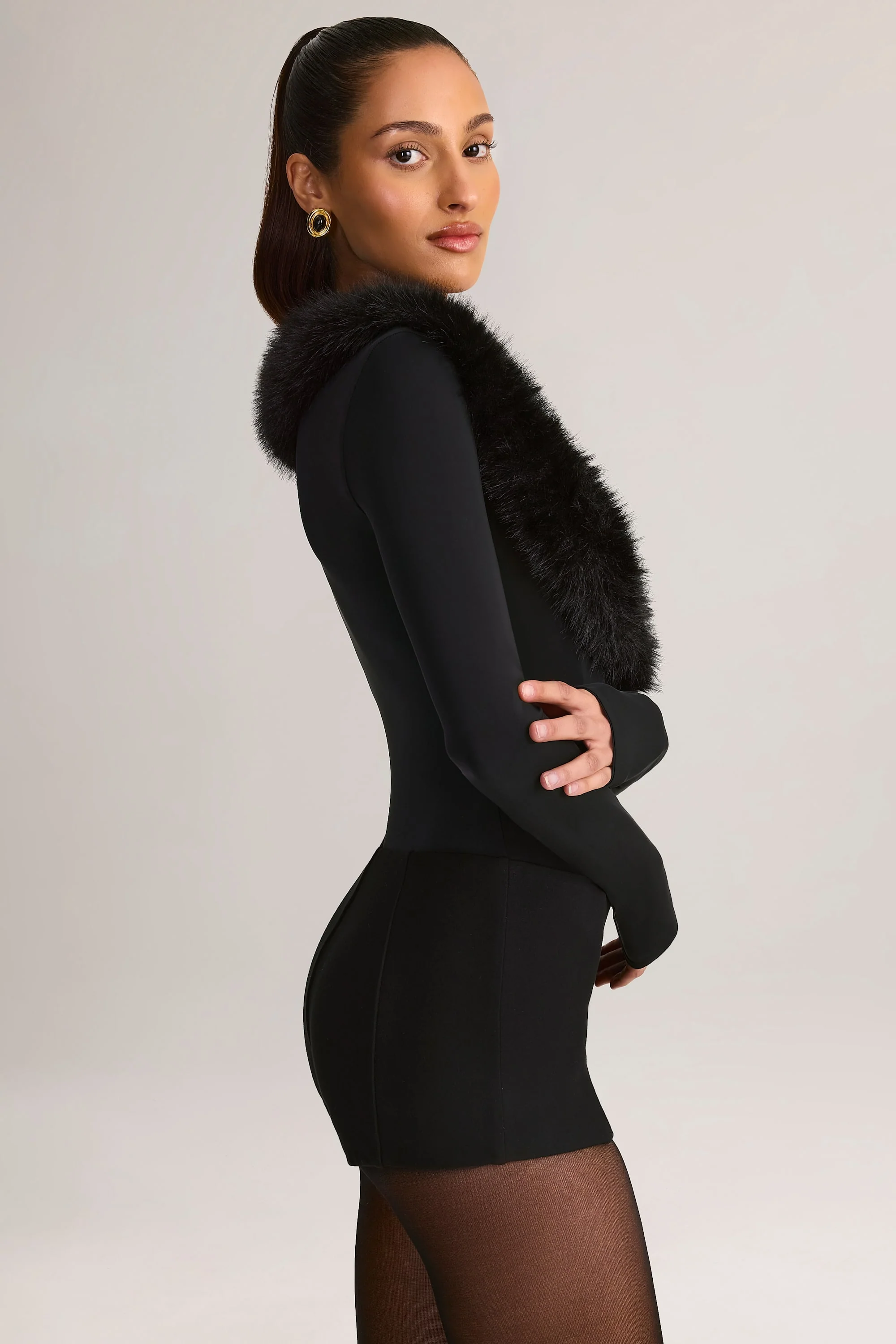 Faux Fur-Trim Corset Playsuit in Black - Image 3