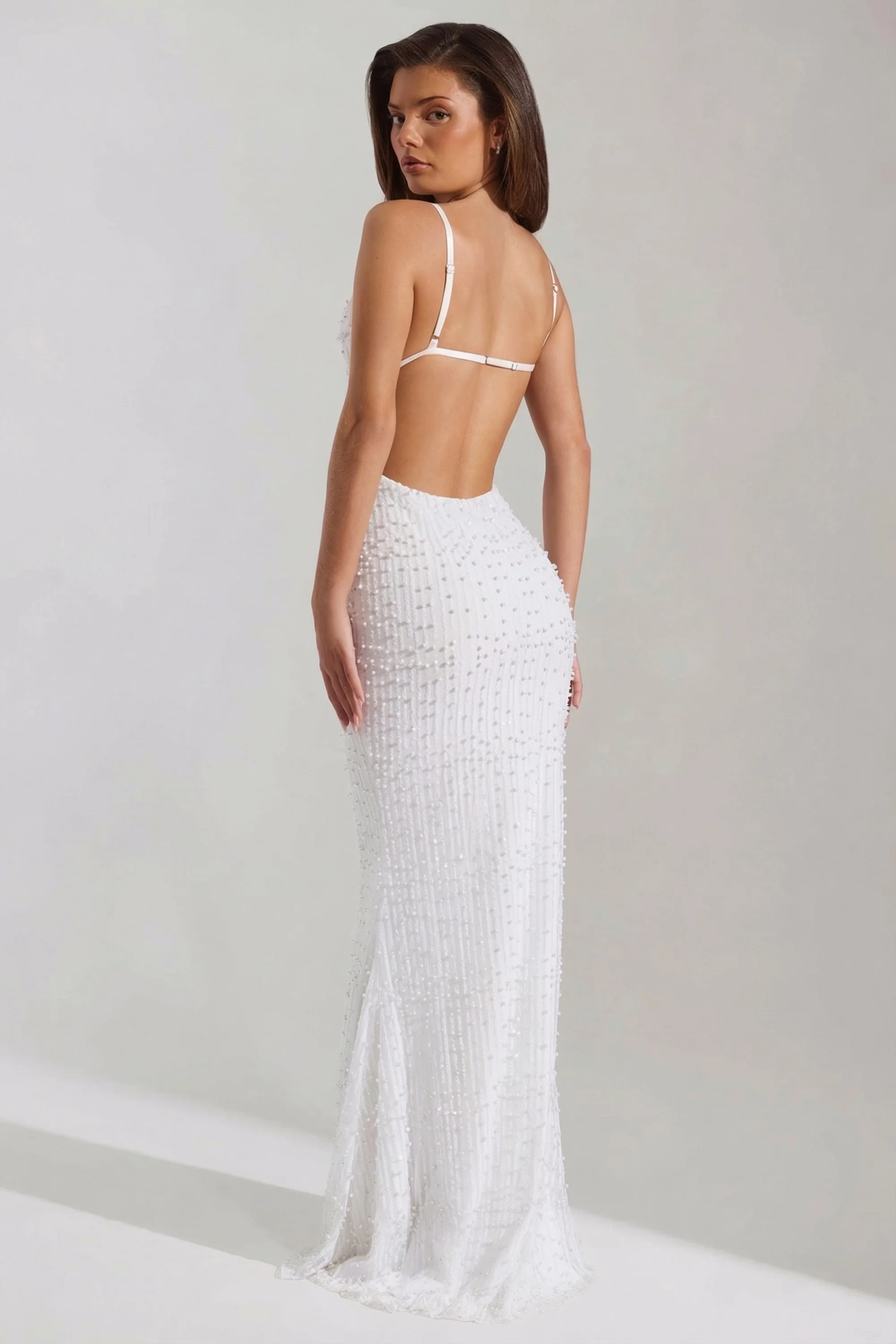 Embellished Cowl-Neck Backless Maxi Dress in White - Image 8