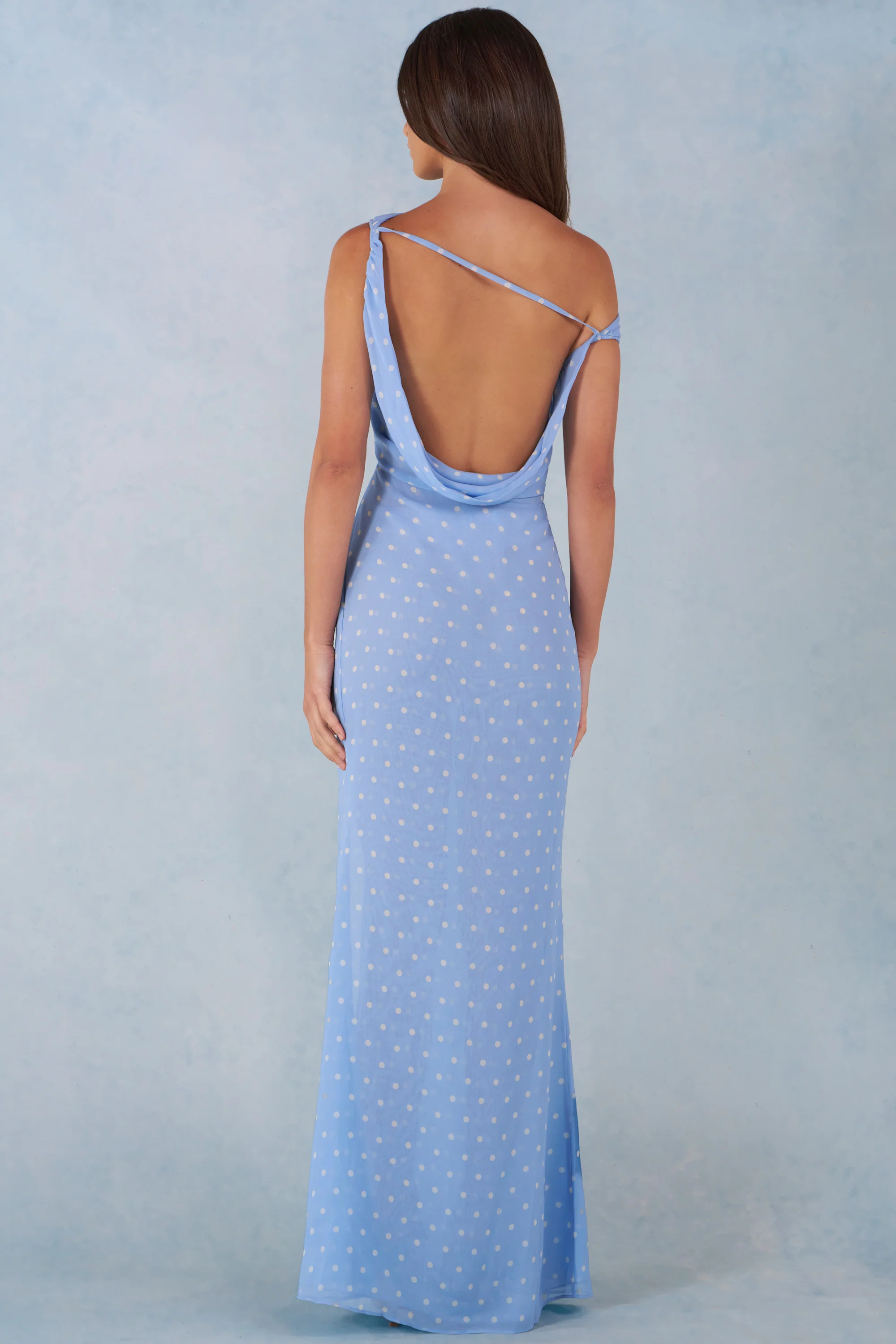 One-Shoulder Maxi Dress in Blue Polka Dot Print - Image 5
