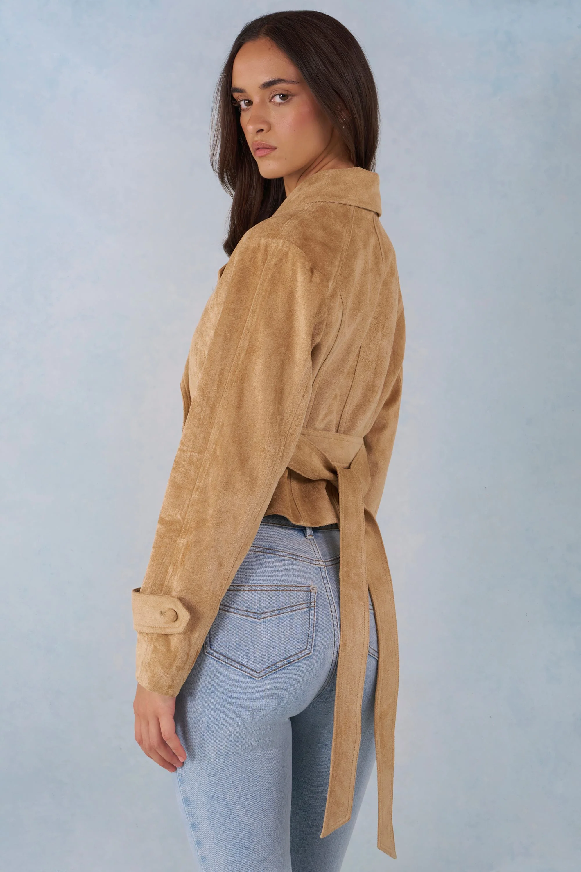 Faux Suede Cropped Belted Jacket in Tan - Image 2