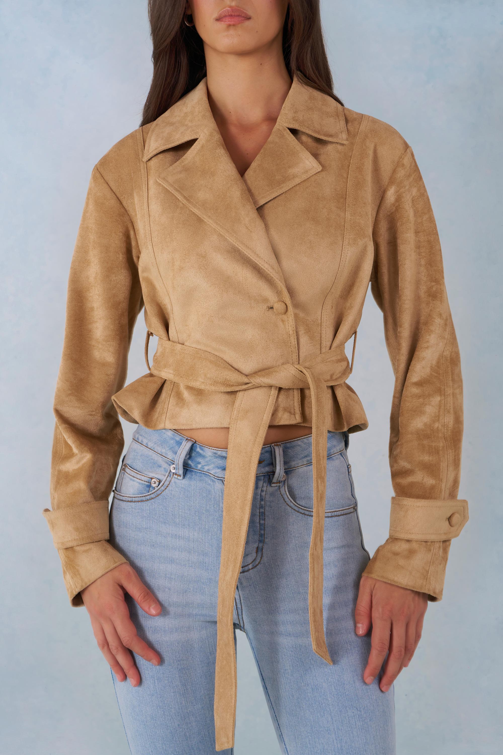 Faux Suede Cropped Belted Jacket in Tan - Image 5