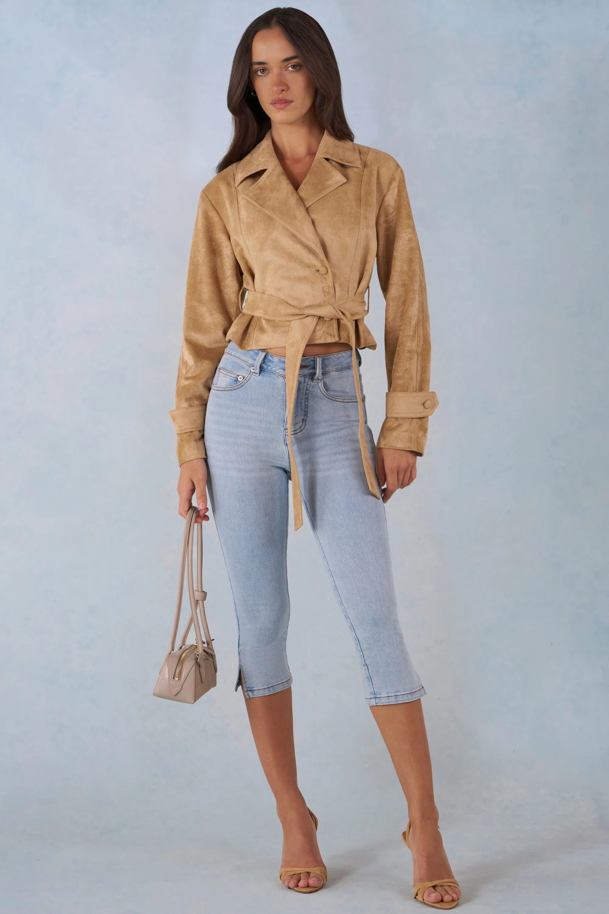 Faux Suede Cropped Belted Jacket in Tan - Image 6