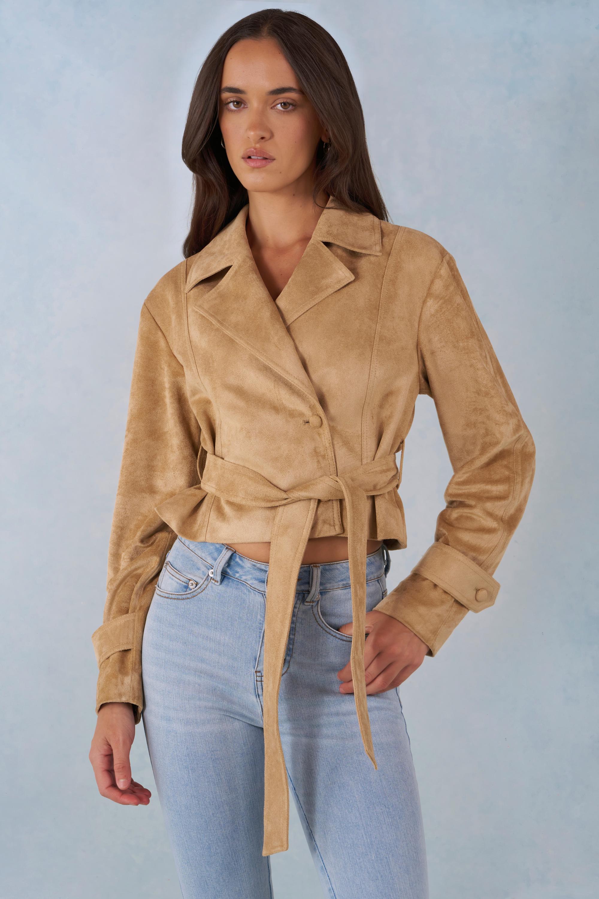 Faux Suede Cropped Belted Jacket in Tan - Image 9