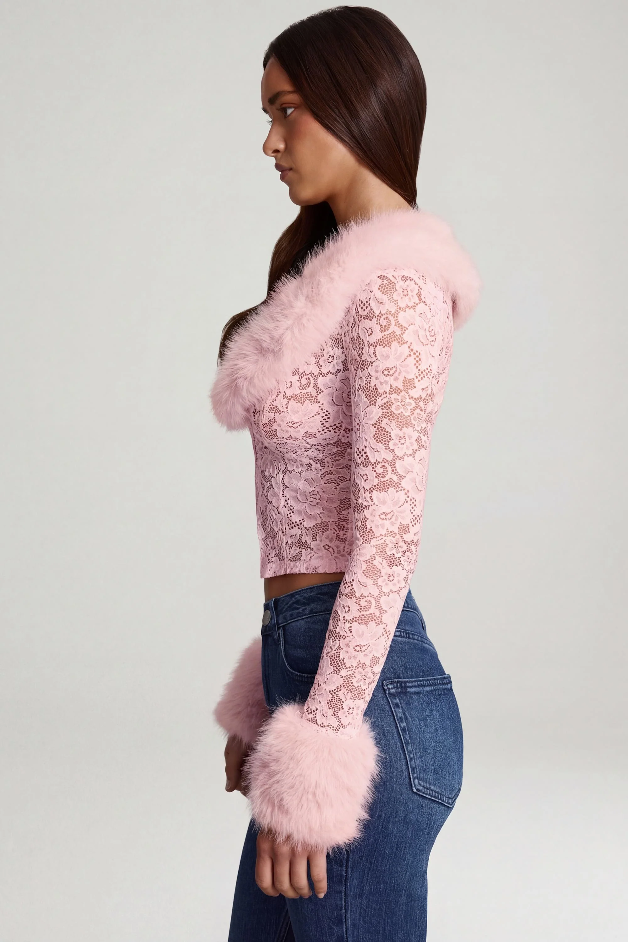 Sheer Lace Faux-Fur-Trim Cardigan in Pink - Image 3