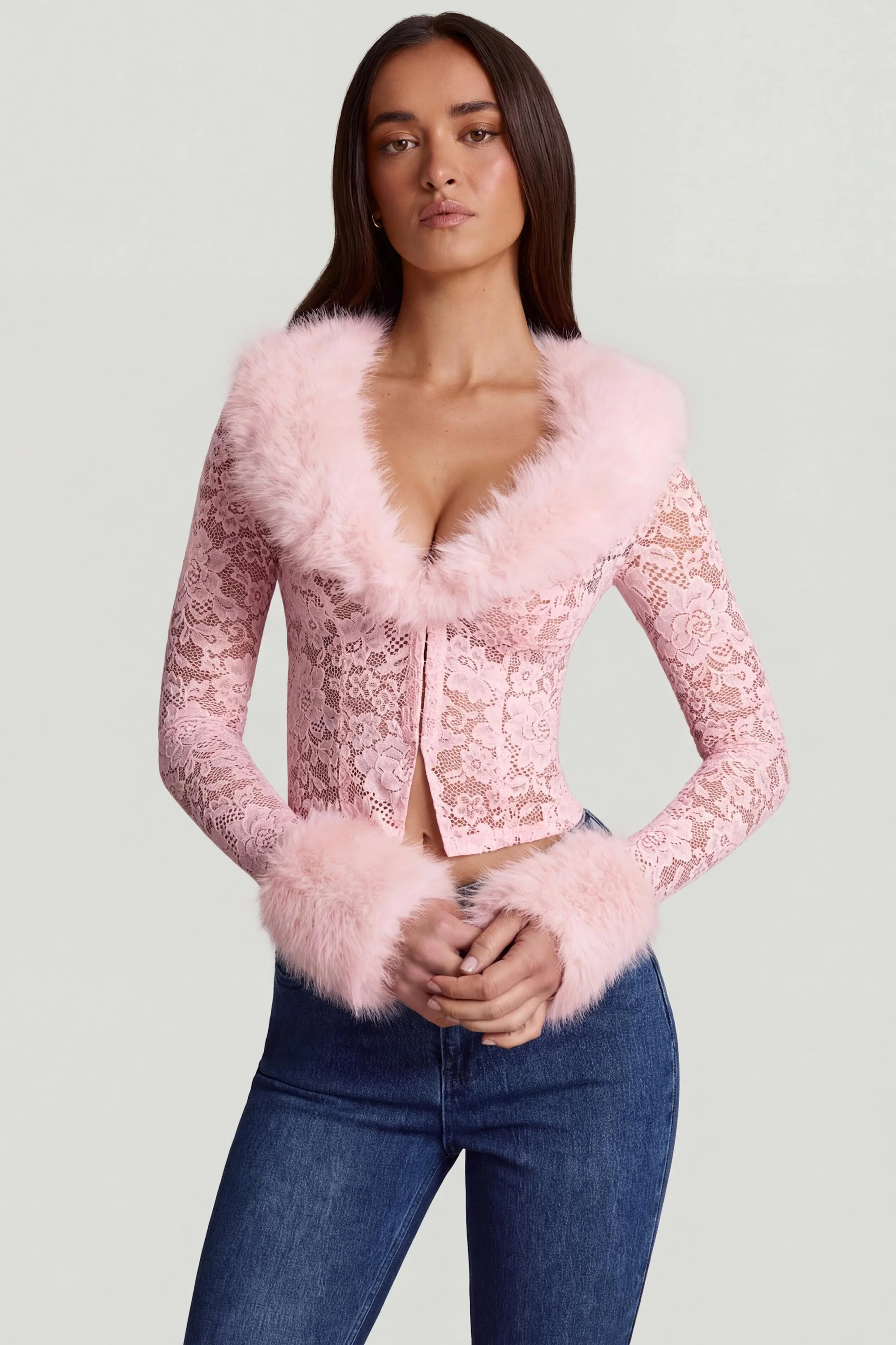 Sheer Lace Faux-Fur-Trim Cardigan in Pink - Image 5