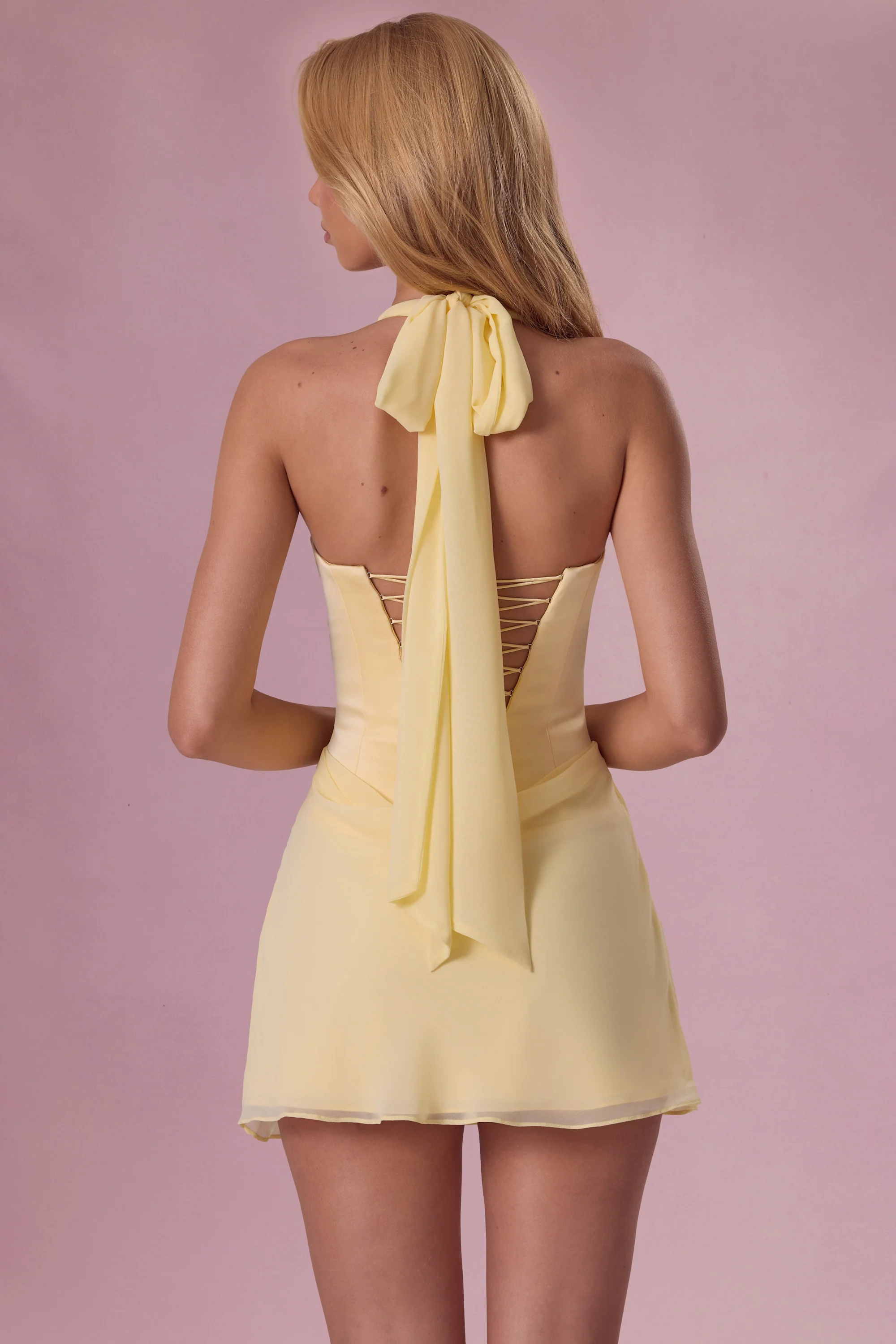 Satin Draped Mini Dress in Butter Yellow - Image 6