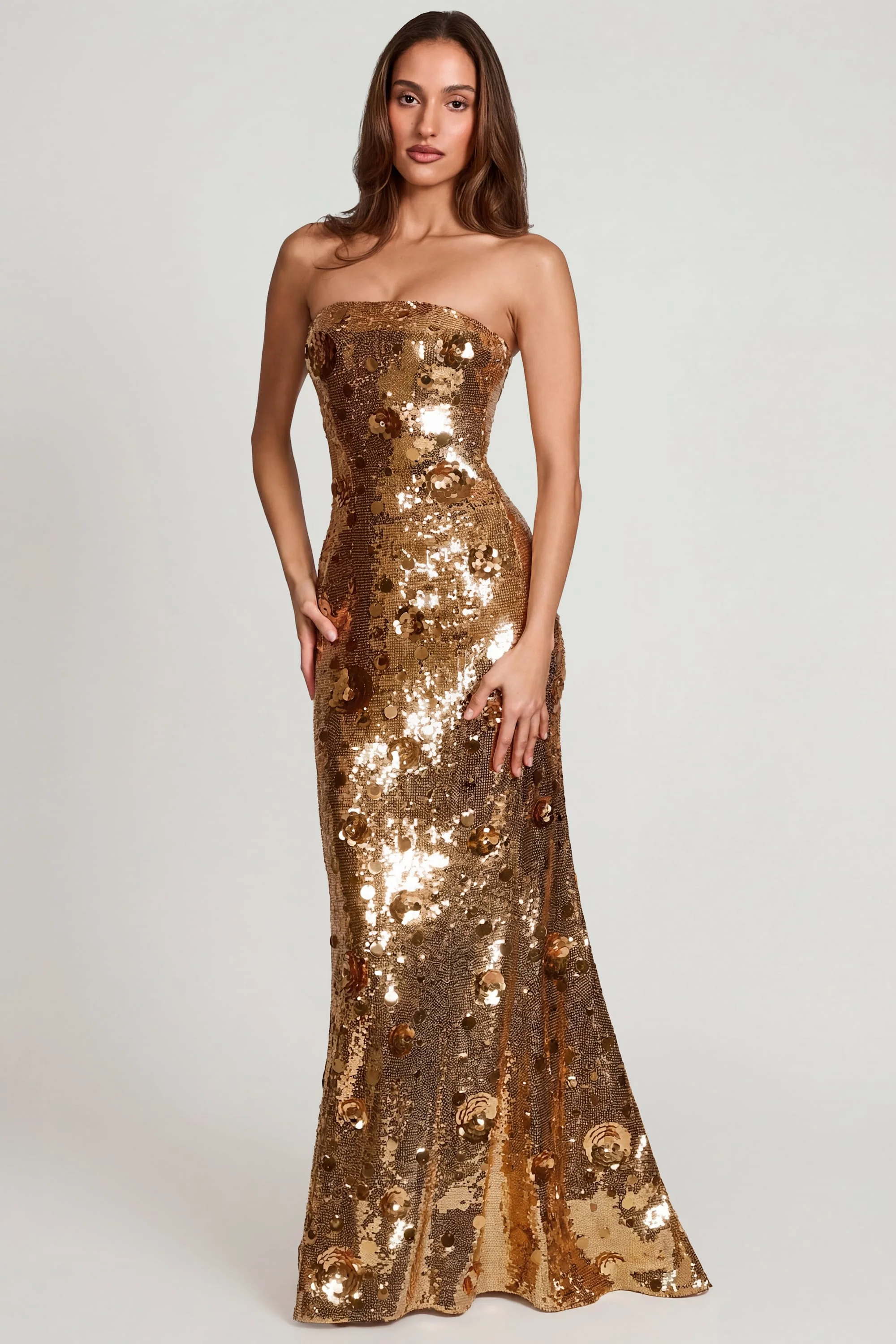 3D Embellished Bandeau Maxi Dress in Gold - Image 7