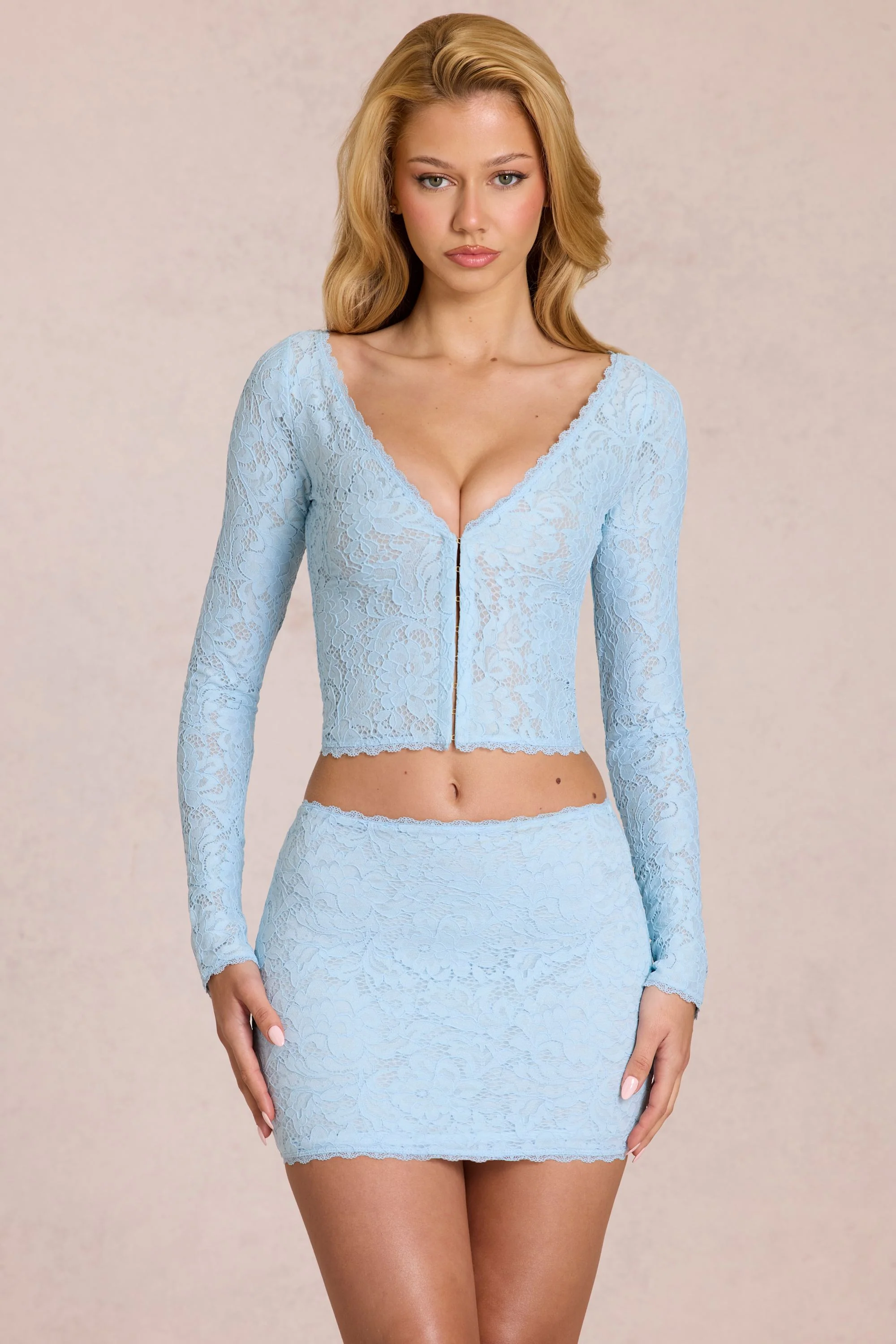 Lace Plunge Cardigan  in Powder Blue - Image 5