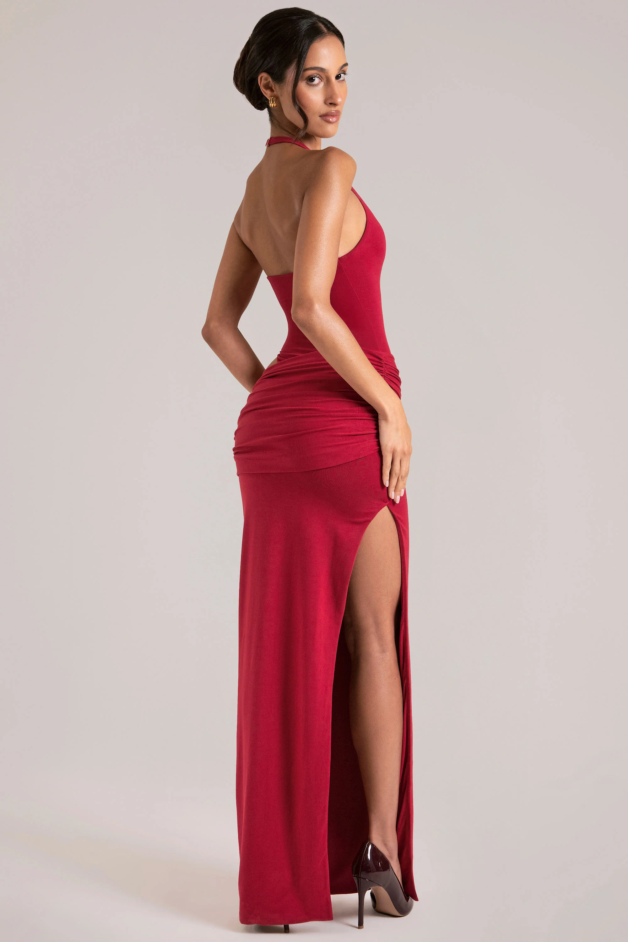 Deep Plunge Halterneck Maxi Dress in Cherry Red - Image 2