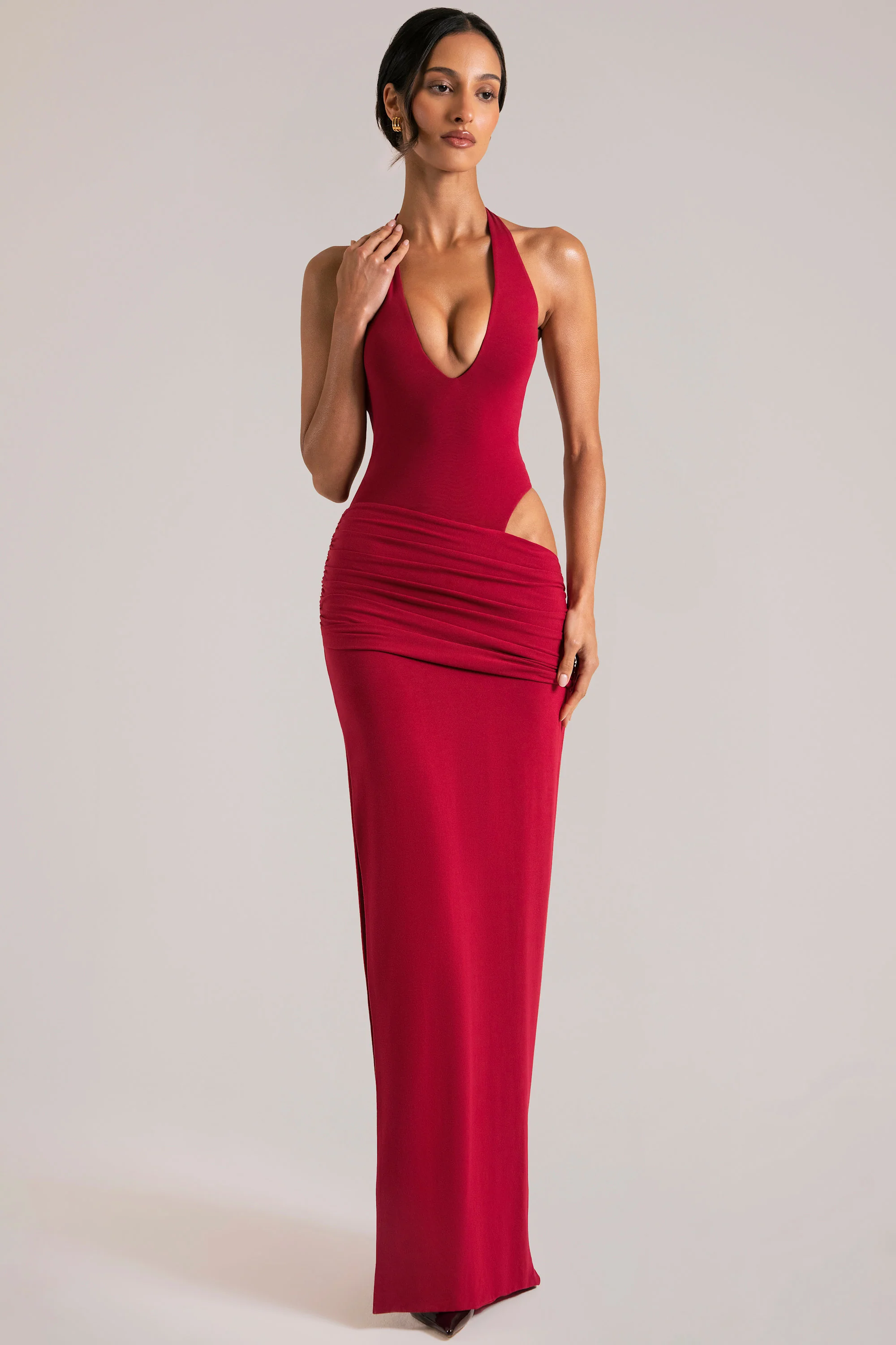 Deep Plunge Halterneck Maxi Dress in Cherry Red - Image 6