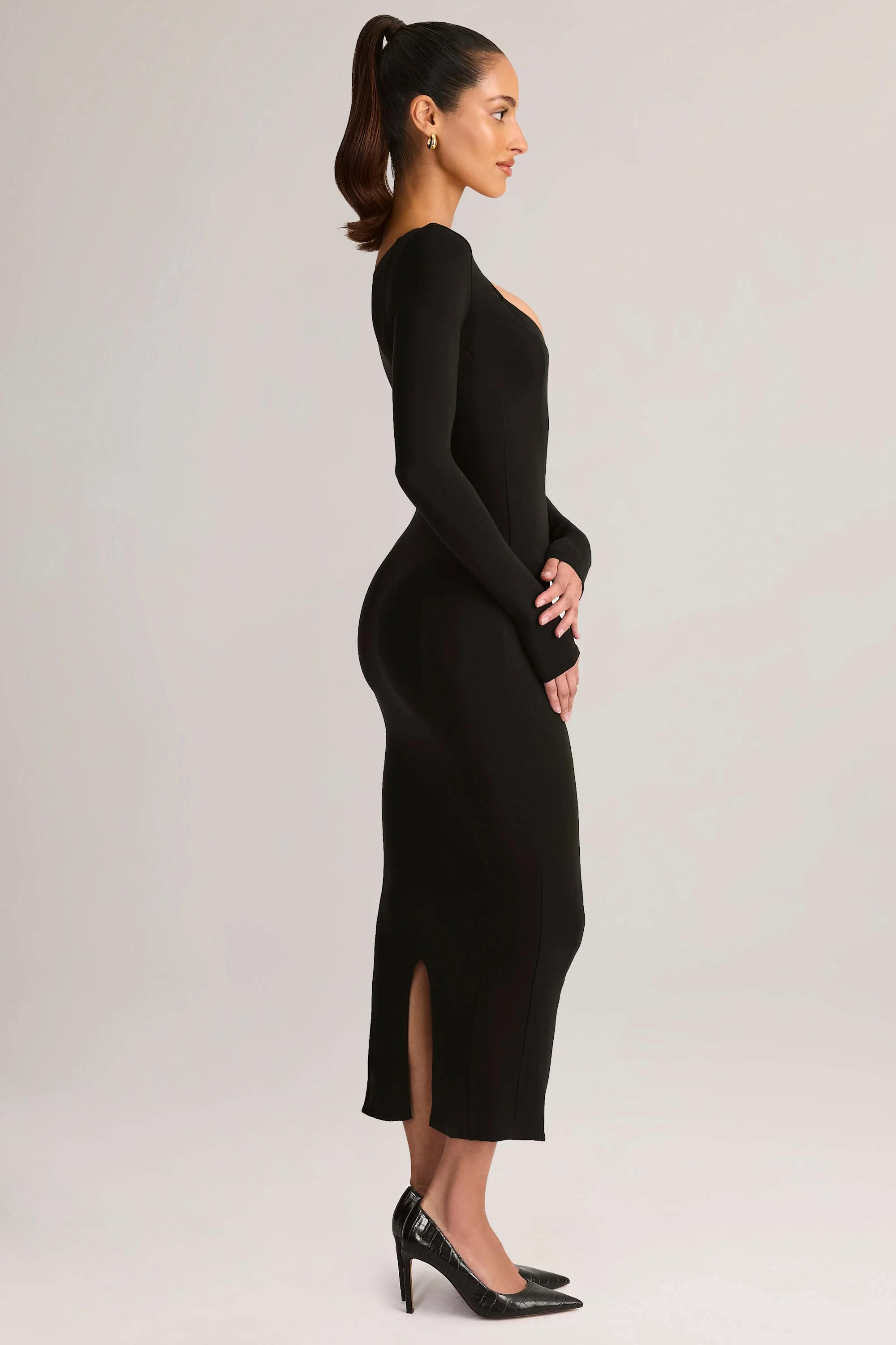 Modal Peekaboo Long-Sleeve Midi Dress in Black - Image 3
