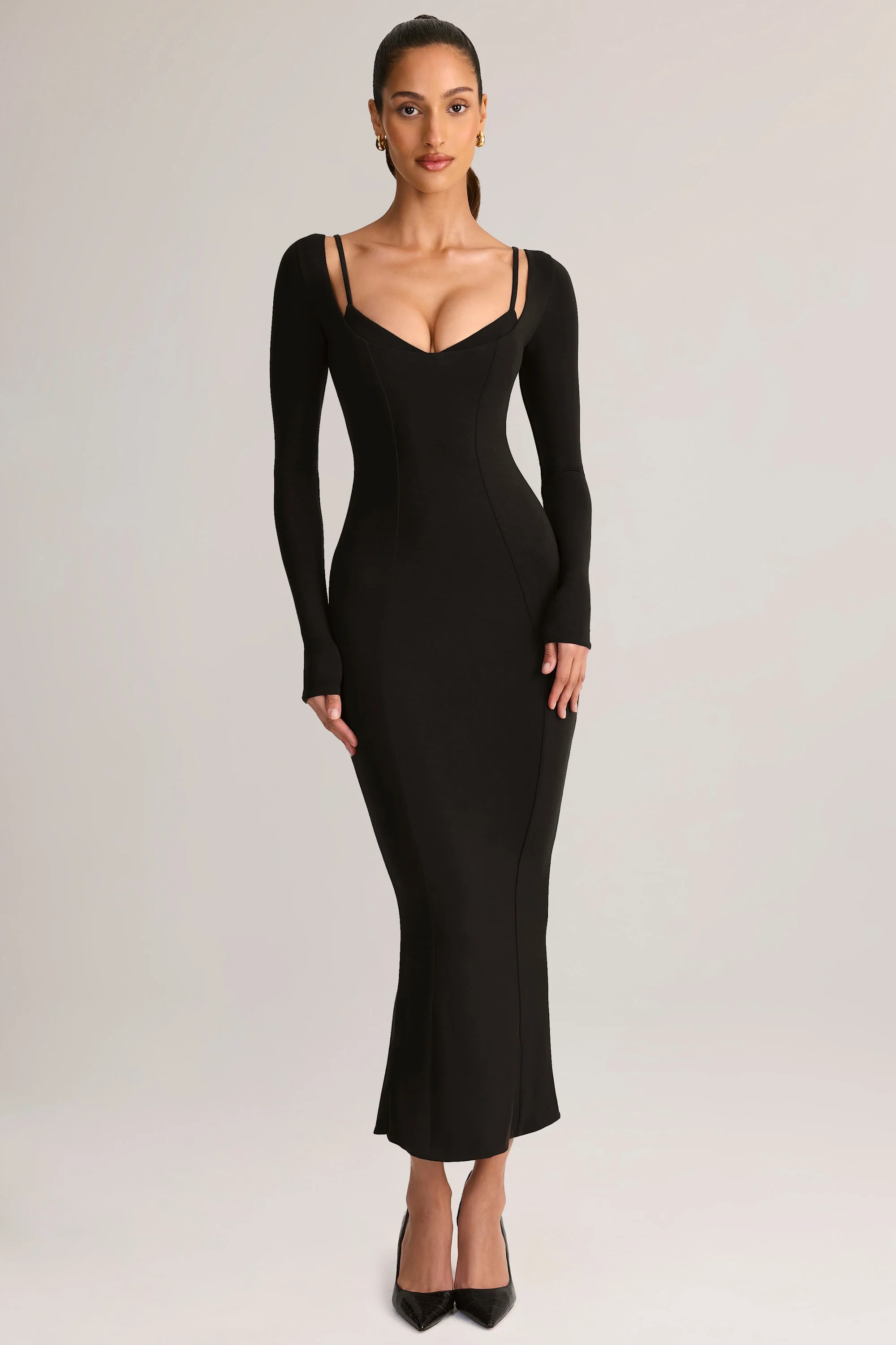 Modal Peekaboo Long-Sleeve Midi Dress in Black - Image 4