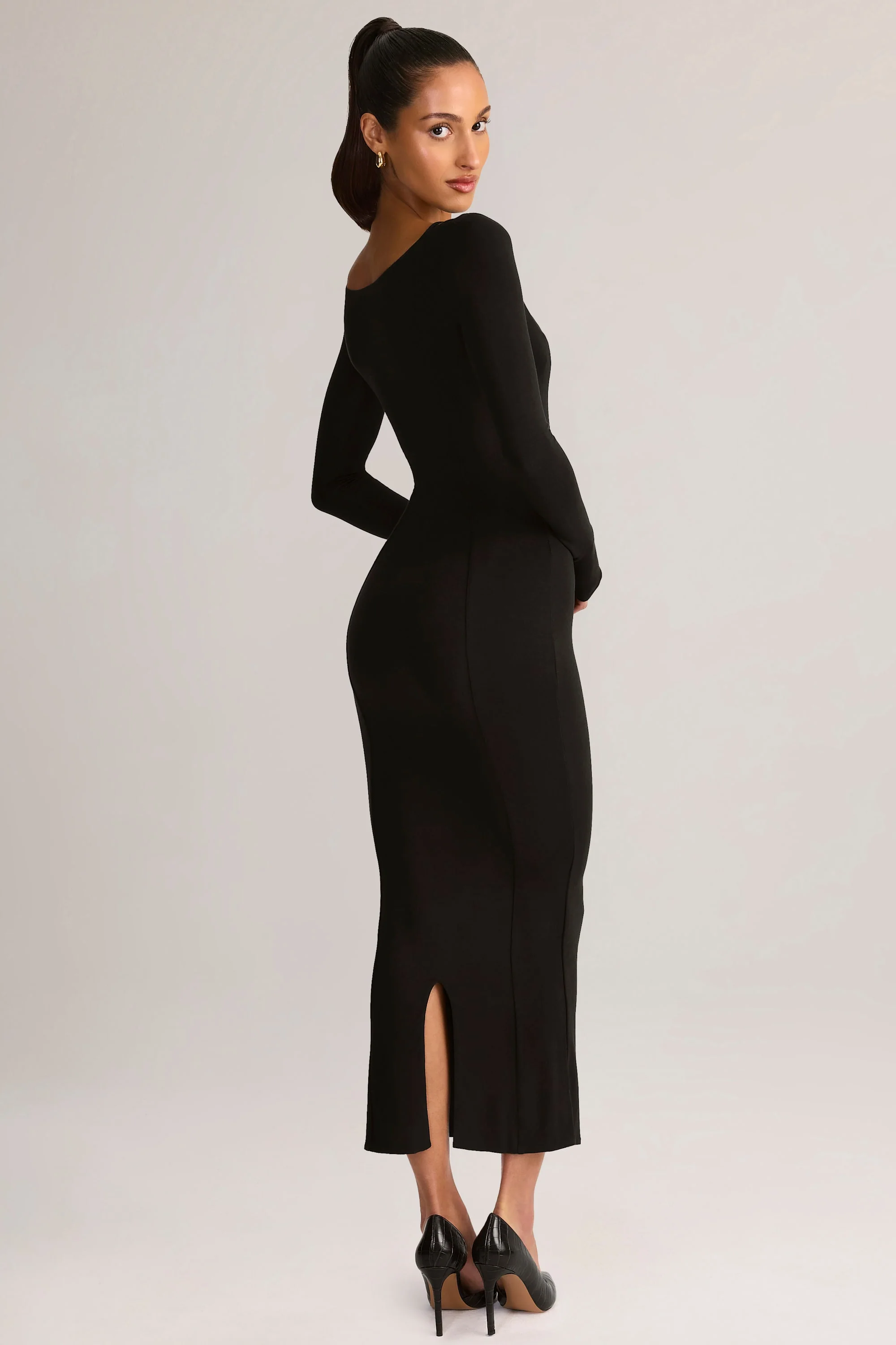 Modal Peekaboo Long-Sleeve Midi Dress in Black - Image 5