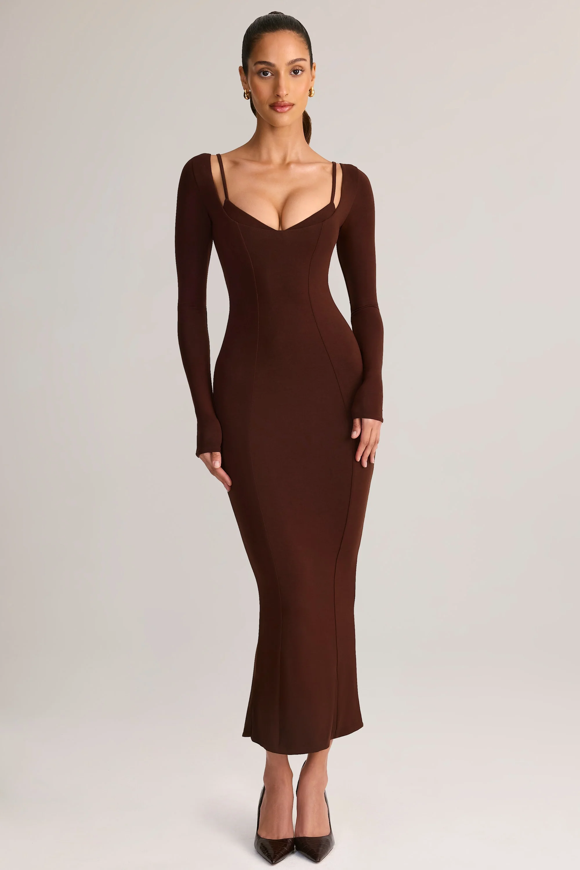 Modal Peekaboo Long-Sleeve Midi Dress in Chocolate Brown - Image 2