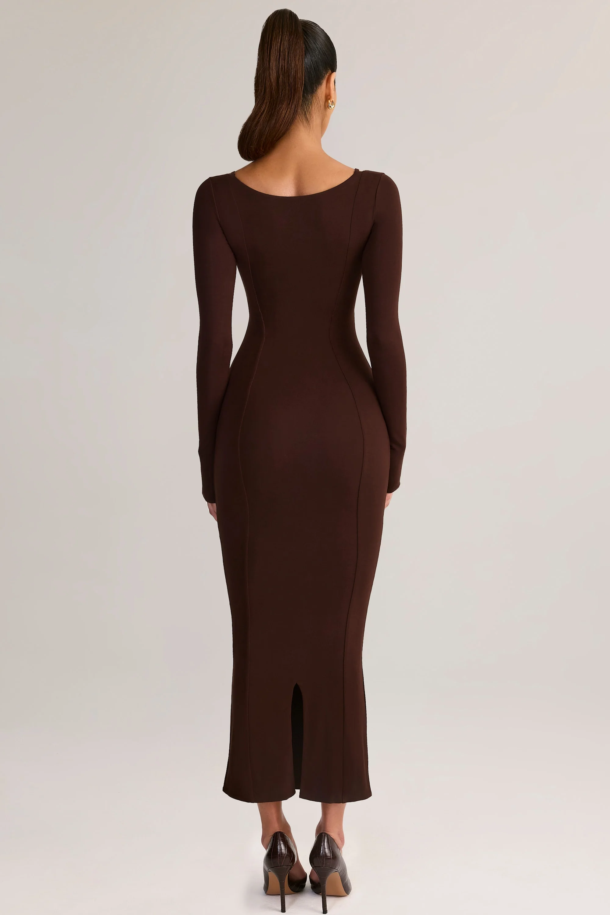 Modal Peekaboo Long-Sleeve Midi Dress in Chocolate Brown - Image 3