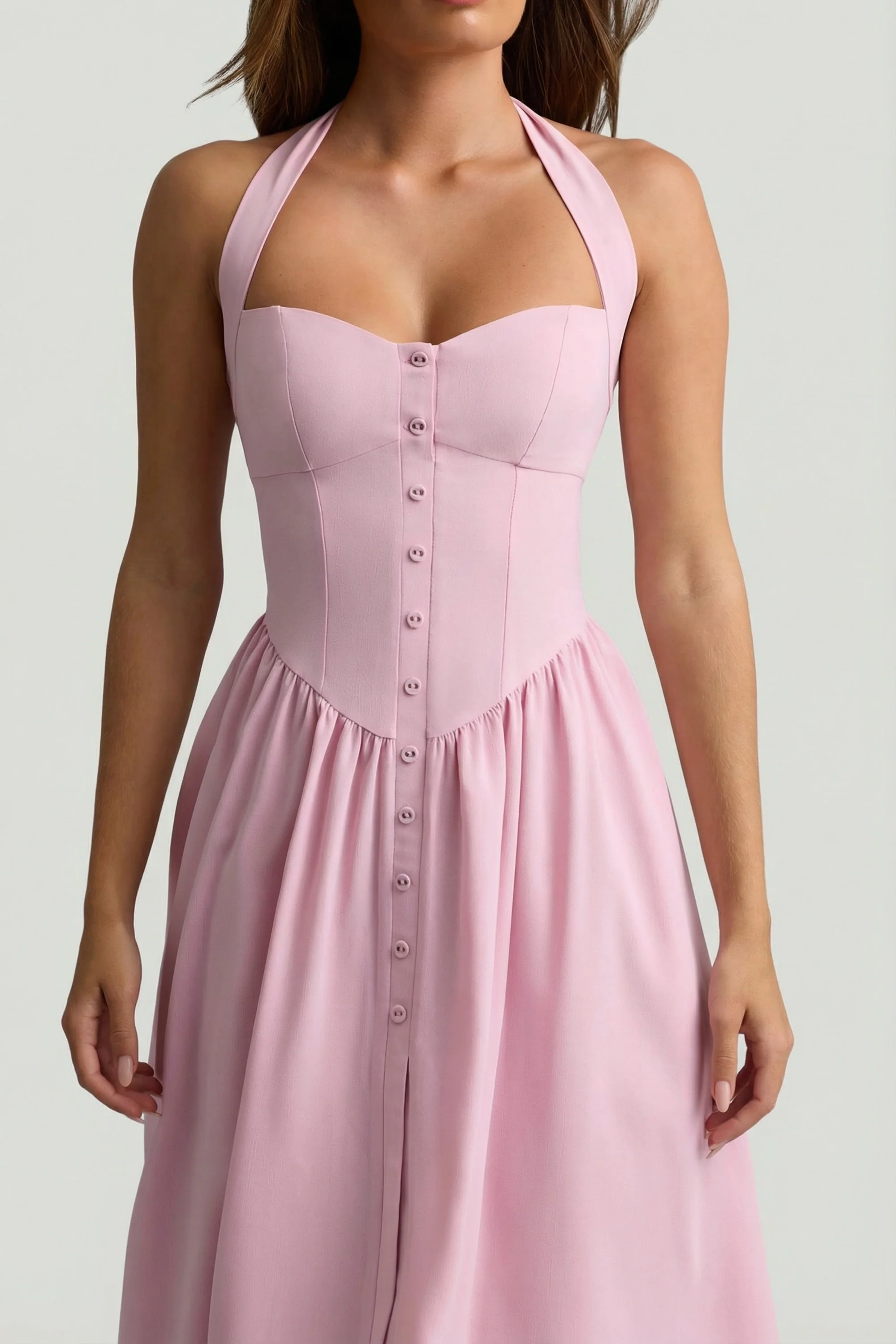 Button-Detail Halterneck Midaxi Dress in Soft Pink - Image 4
