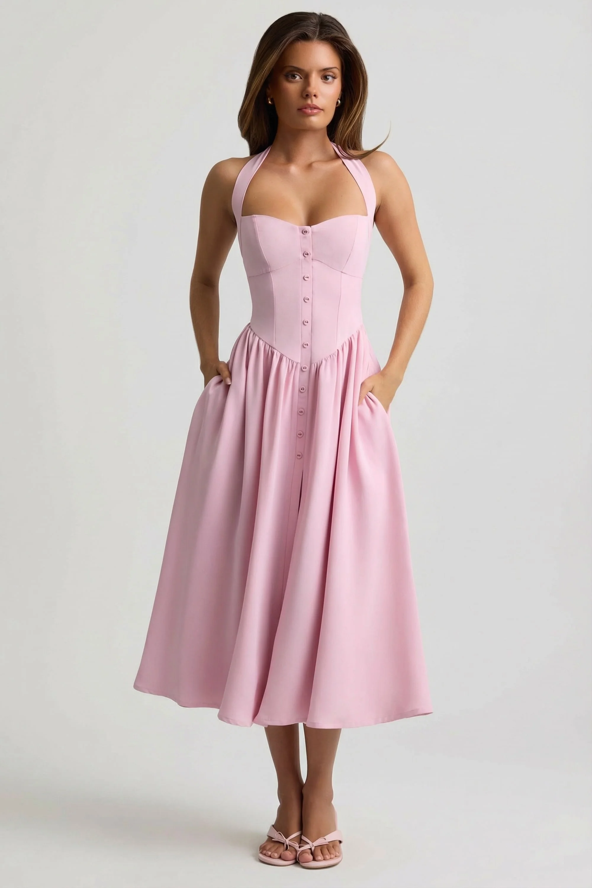 Button-Detail Halterneck Midaxi Dress in Soft Pink - Image 6