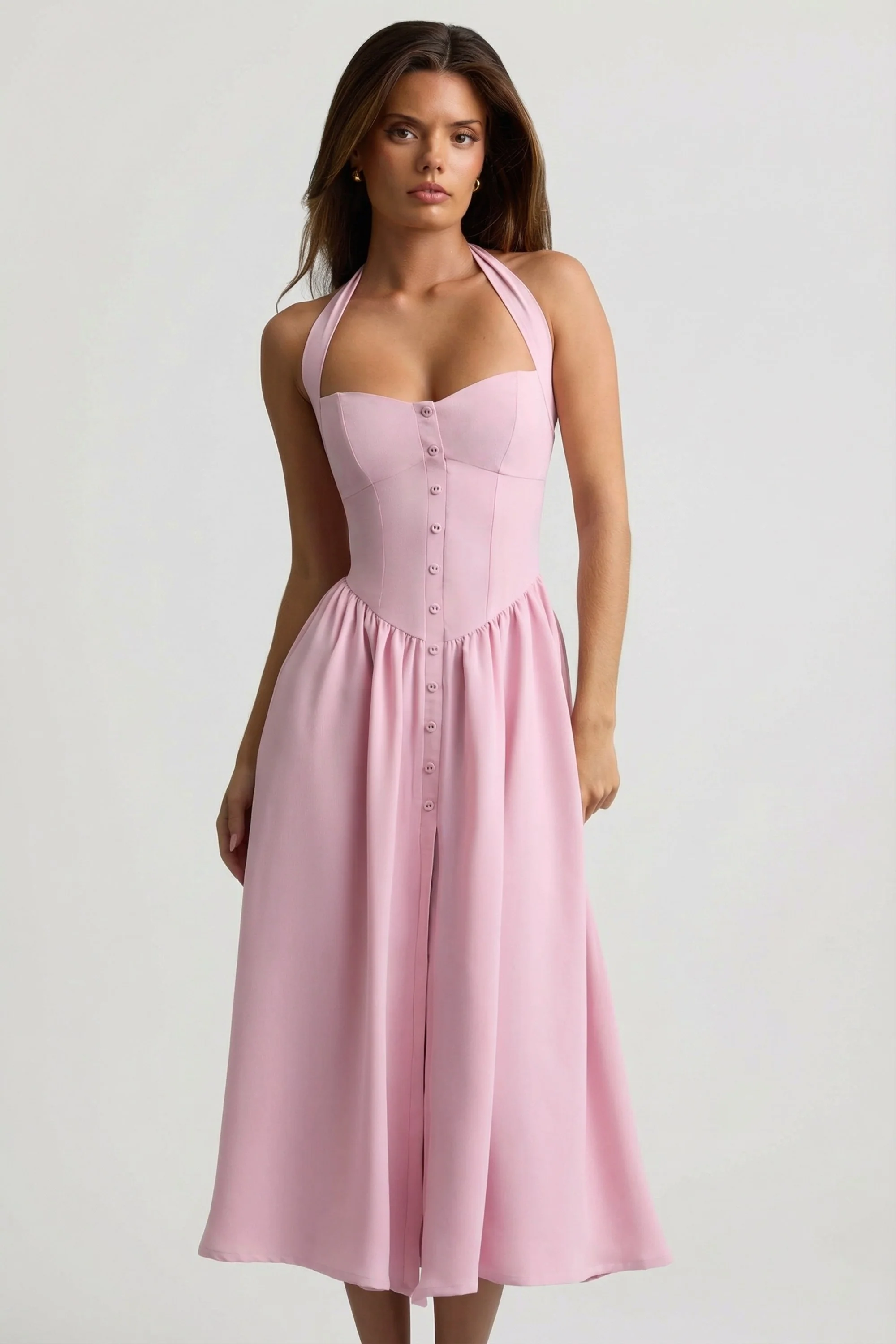 Button-Detail Halterneck Midaxi Dress in Soft Pink - Image 7