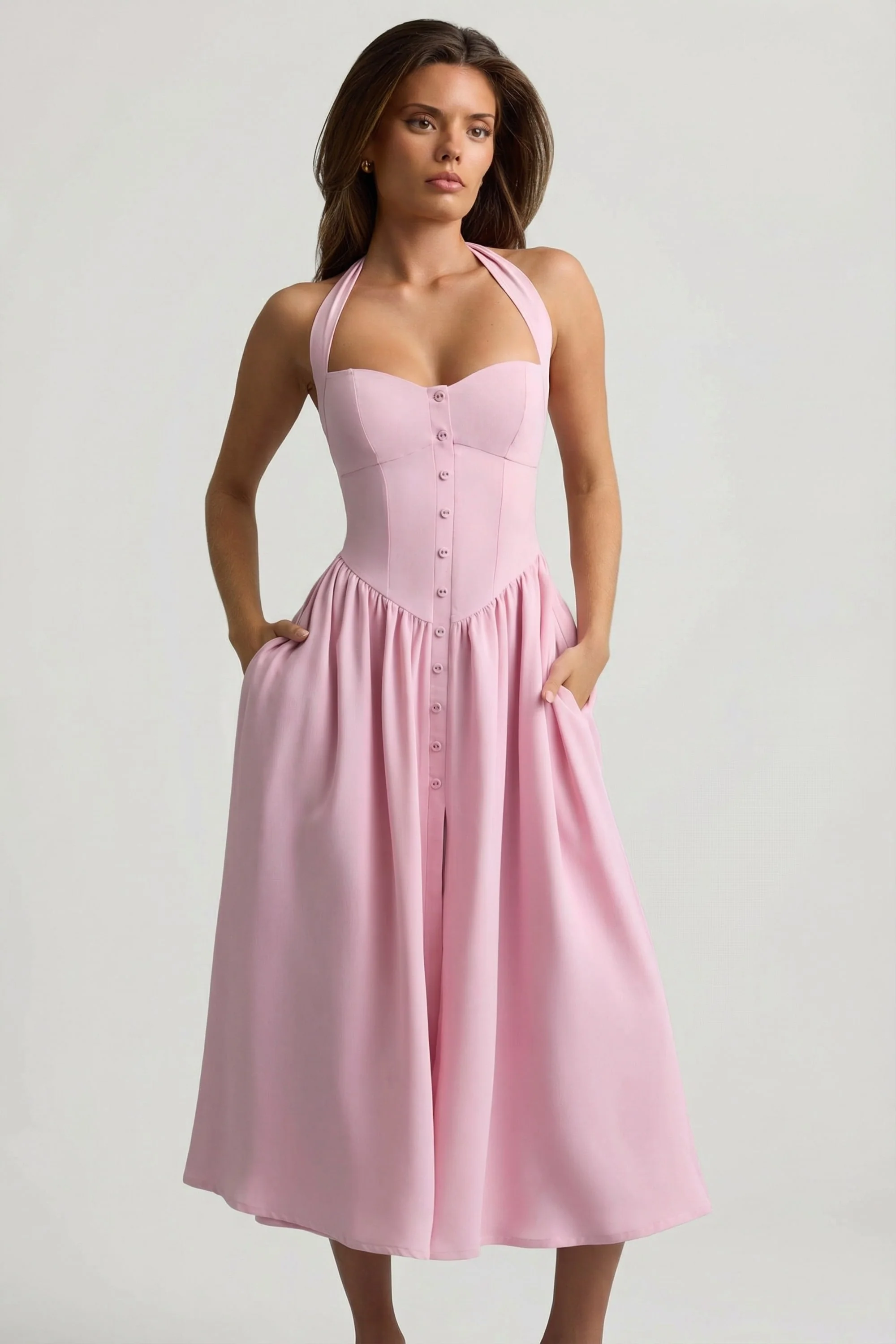 Button-Detail Halterneck Midaxi Dress in Soft Pink - Image 8