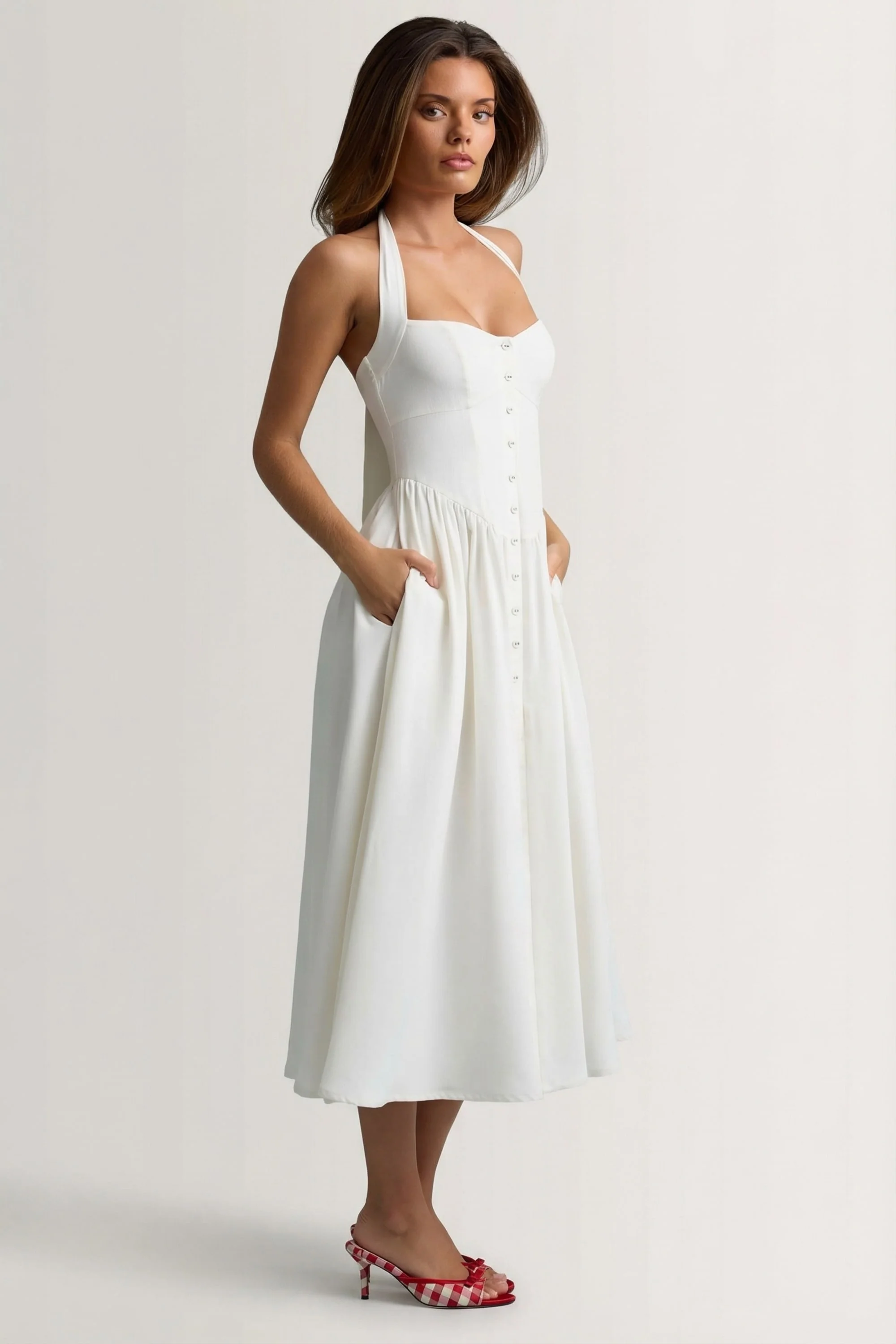 Button-Detail Halterneck Midaxi Dress in White - Image 3