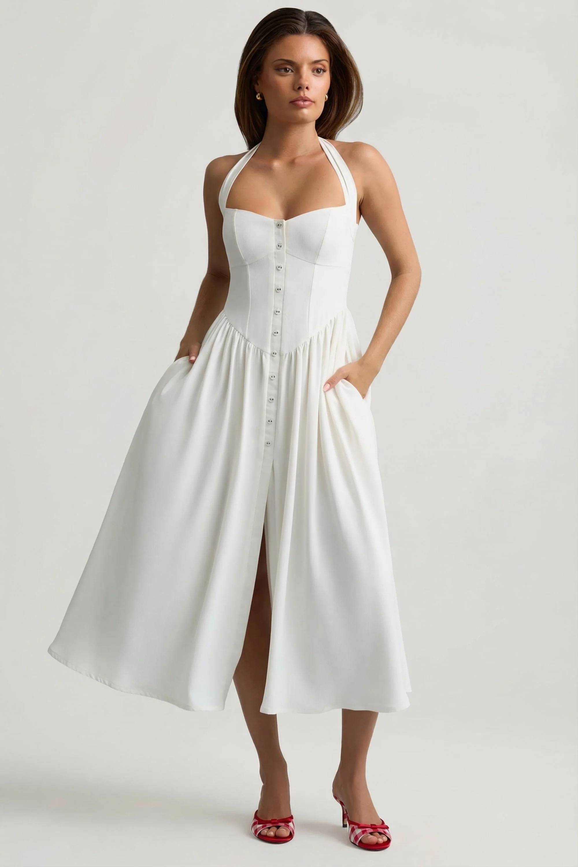 Button-Detail Halterneck Midaxi Dress in White - Image 6