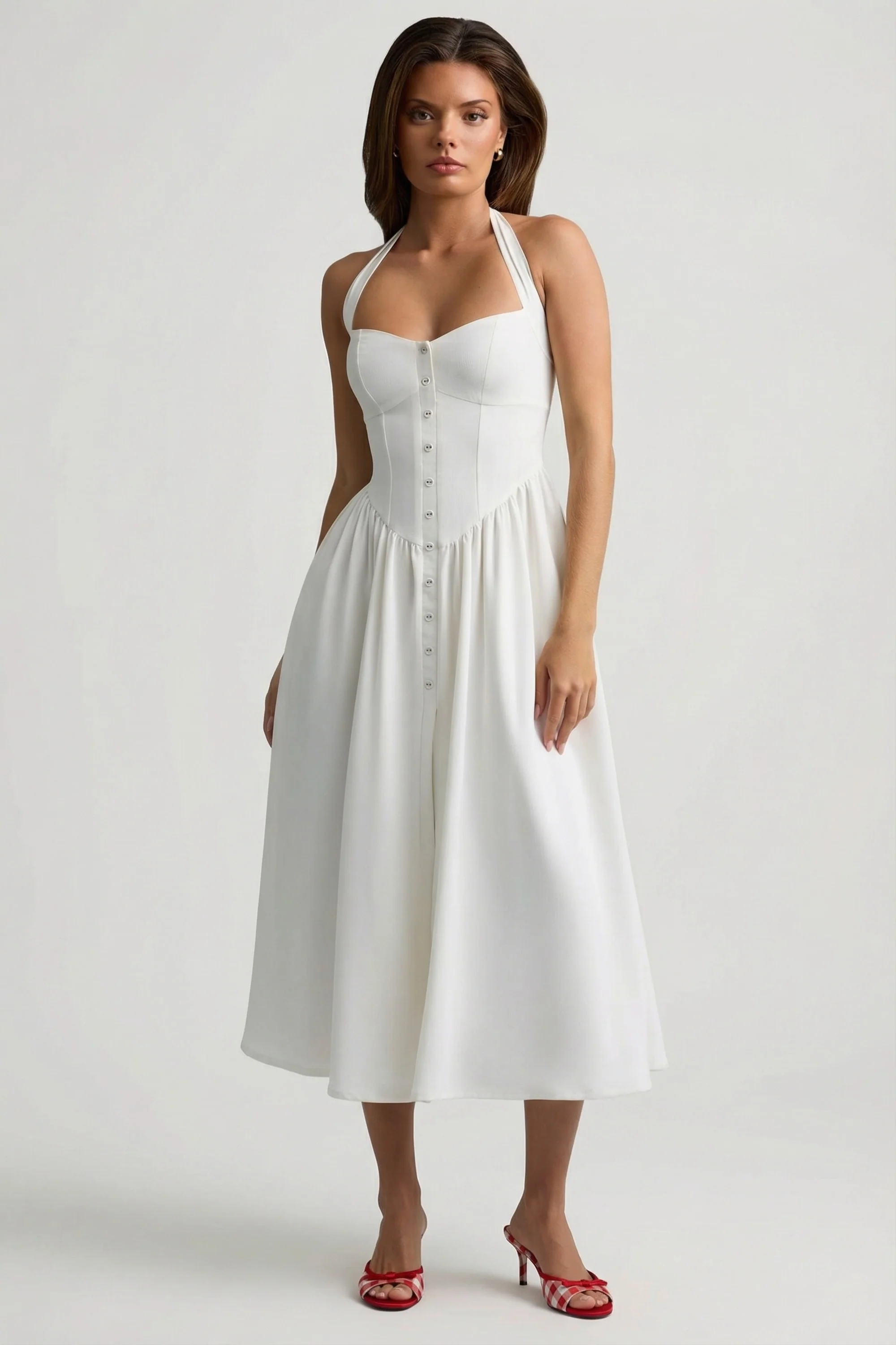 Button-Detail Halterneck Midaxi Dress in White - Image 7