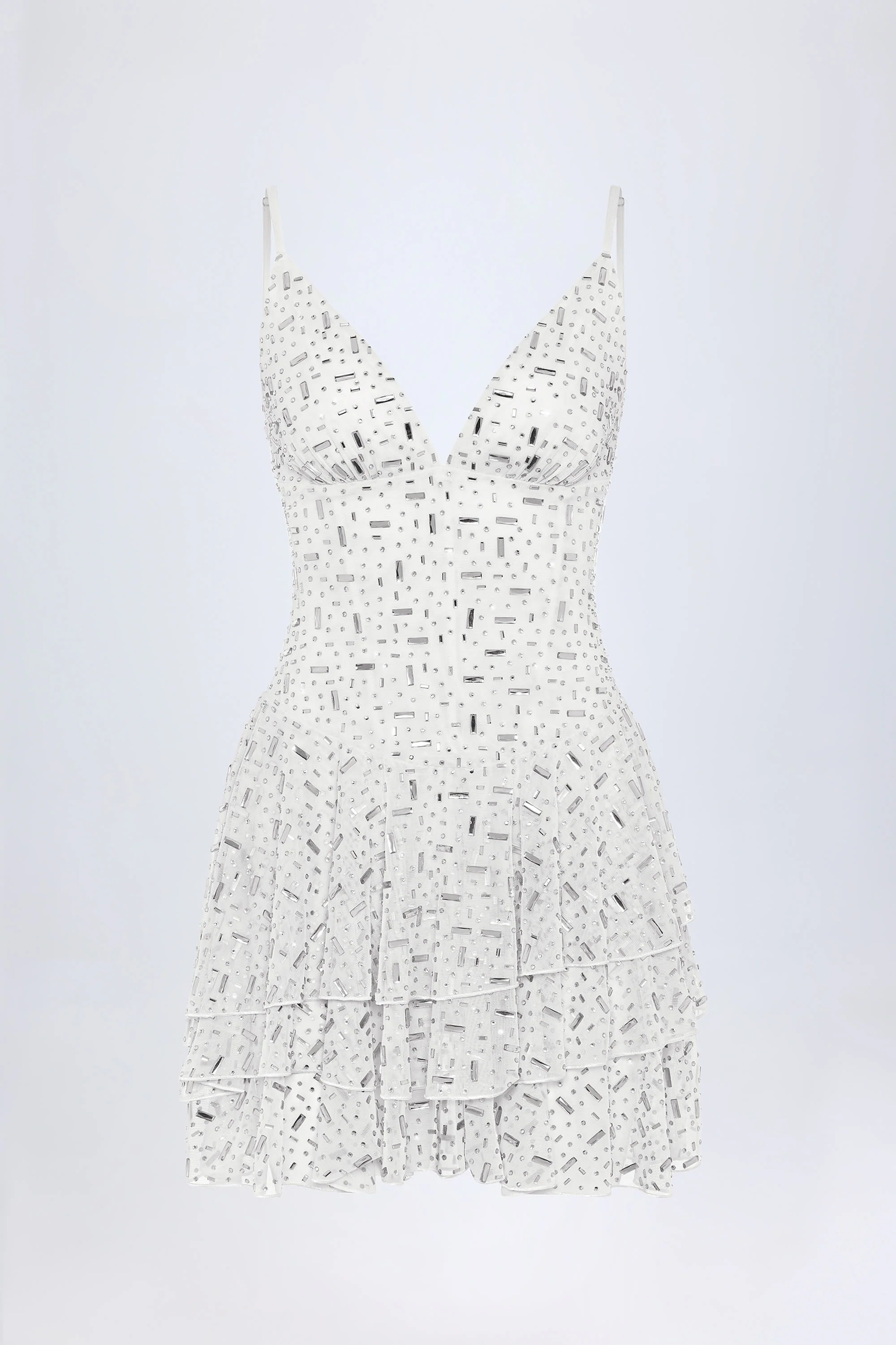 Embellished Ruffled Tiered Mini Dress in White - Image 3