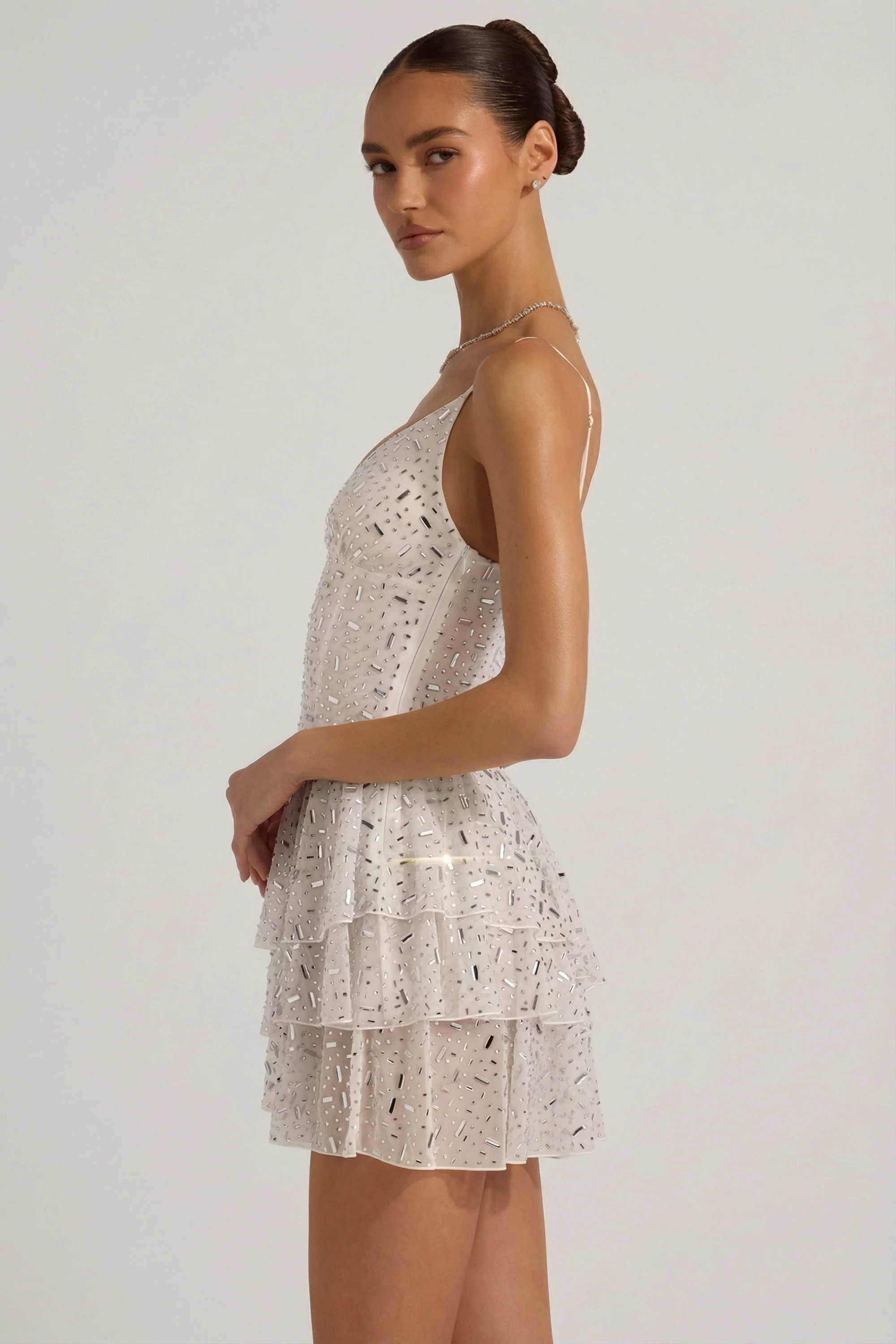 Embellished Ruffled Tiered Mini Dress in White - Image 4