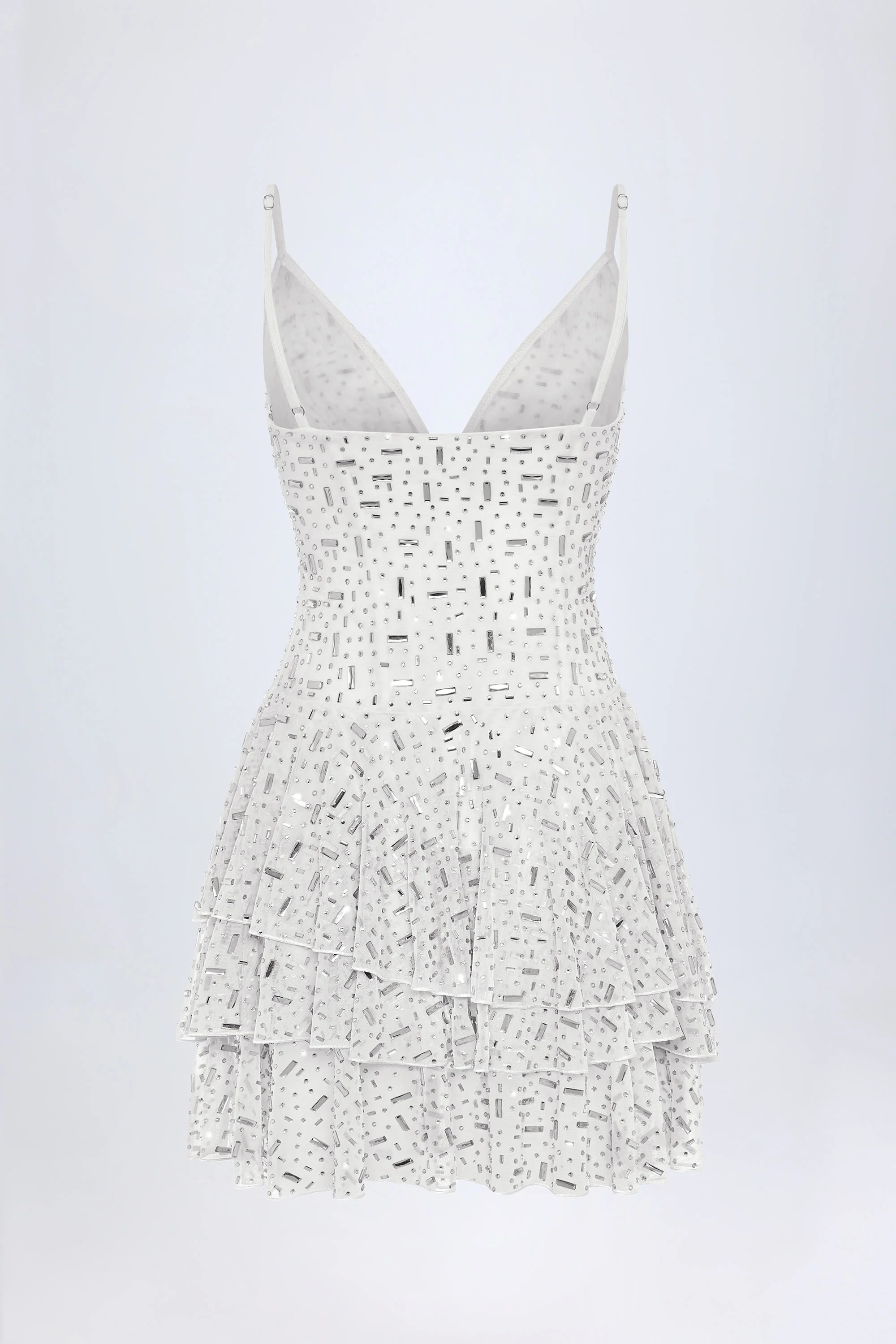 Embellished Ruffled Tiered Mini Dress in White - Image 5