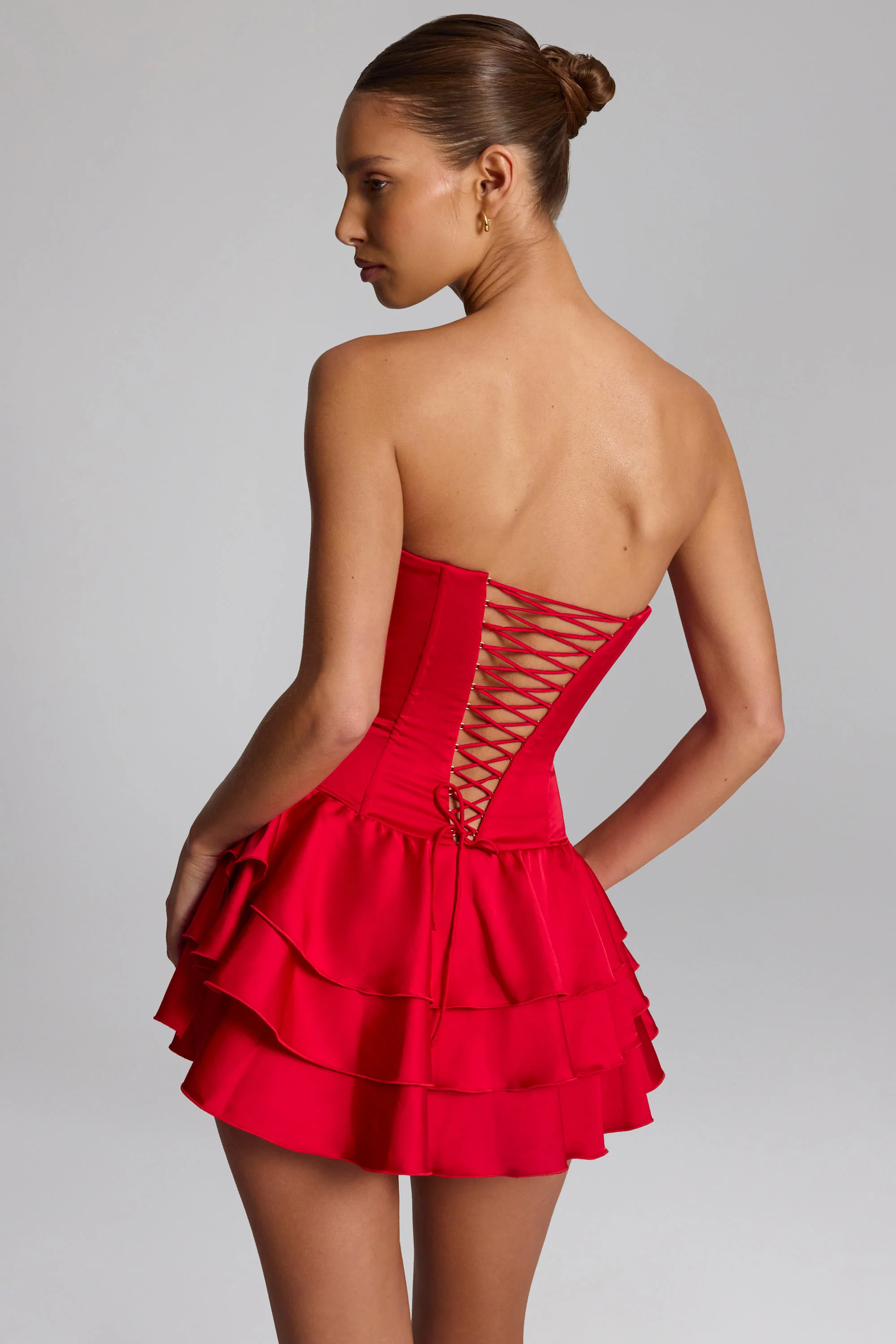 Ruffled Lace-Up Corset Playsuit in Fire Red - Image 3