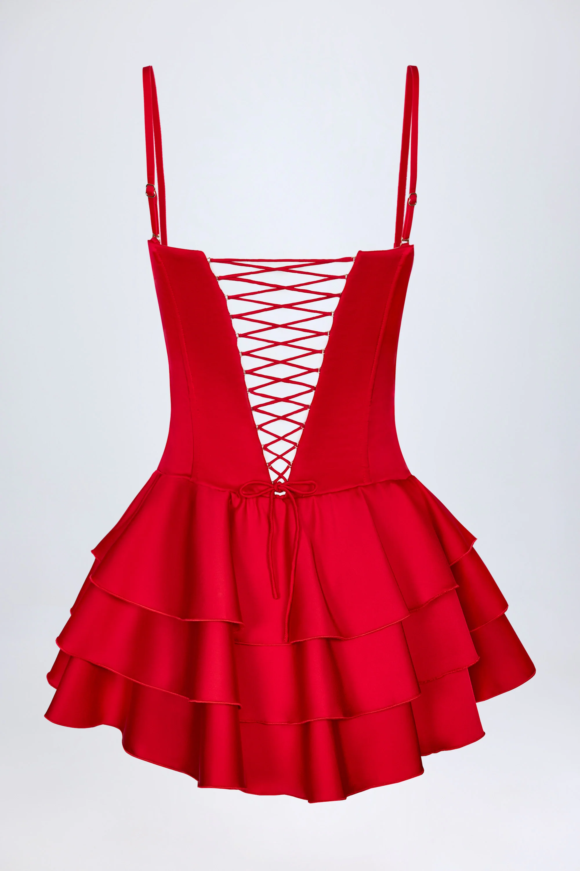Ruffled Lace-Up Corset Playsuit in Fire Red - Image 7