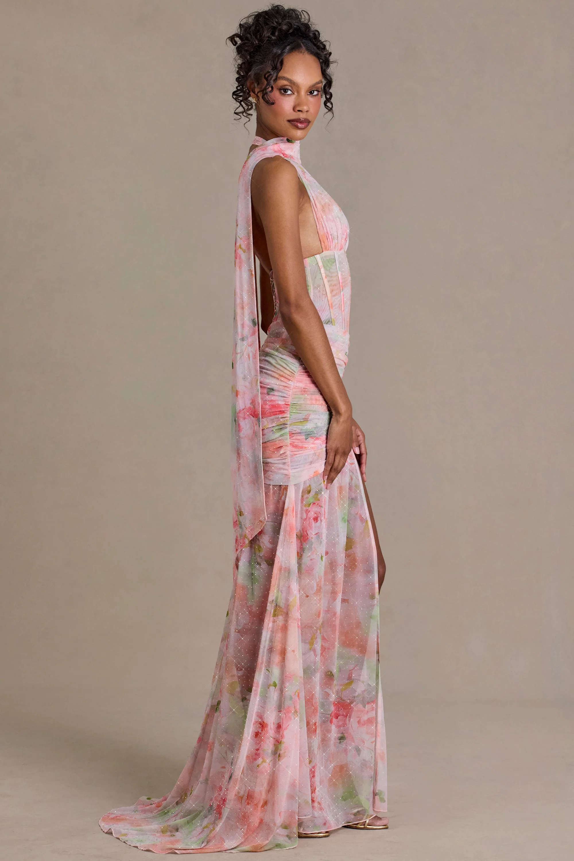 Premium Embellished Scarf-Detail Maxi Dress in Pink Floral Print - Image 3