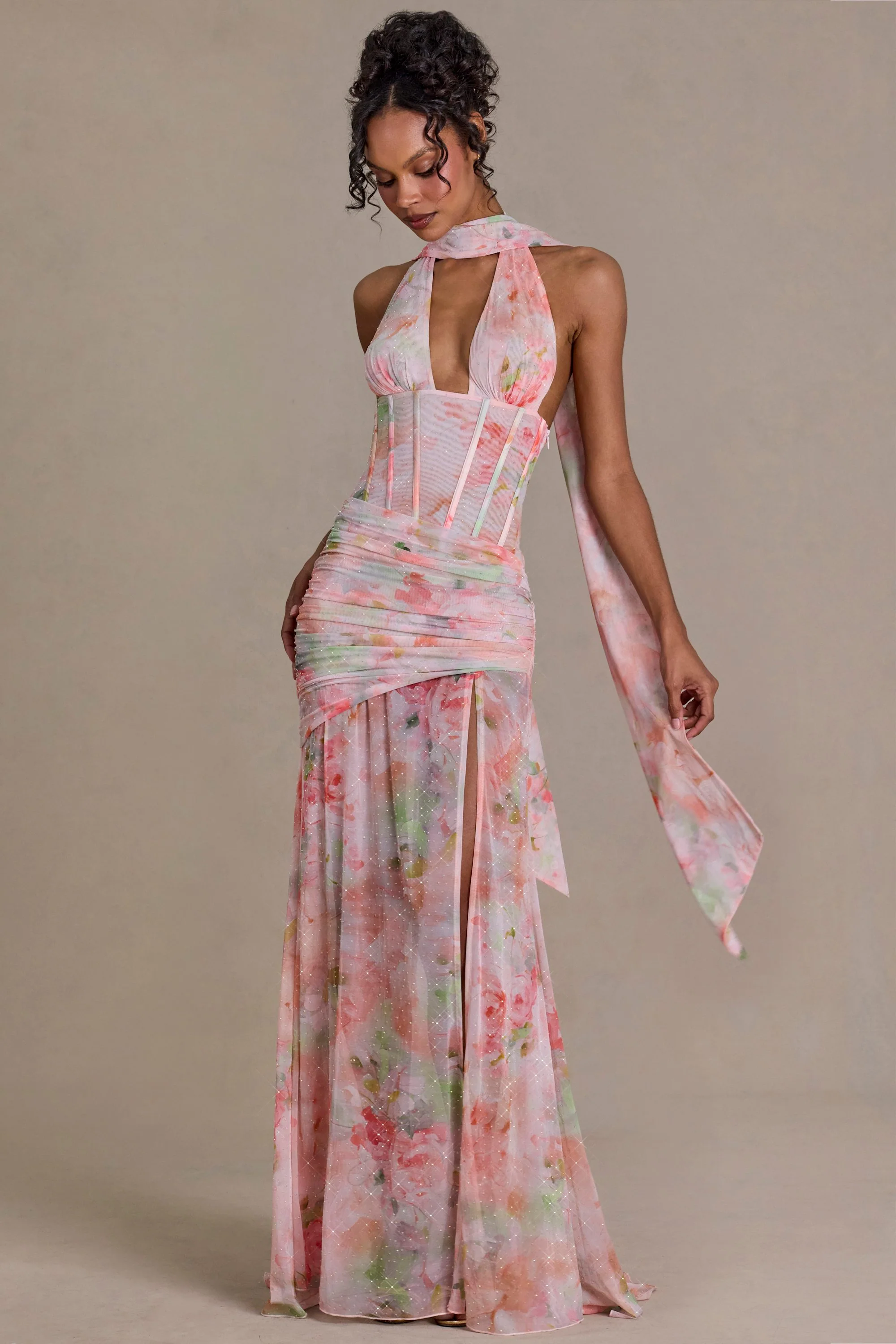 Premium Embellished Scarf-Detail Maxi Dress in Pink Floral Print - Image 4