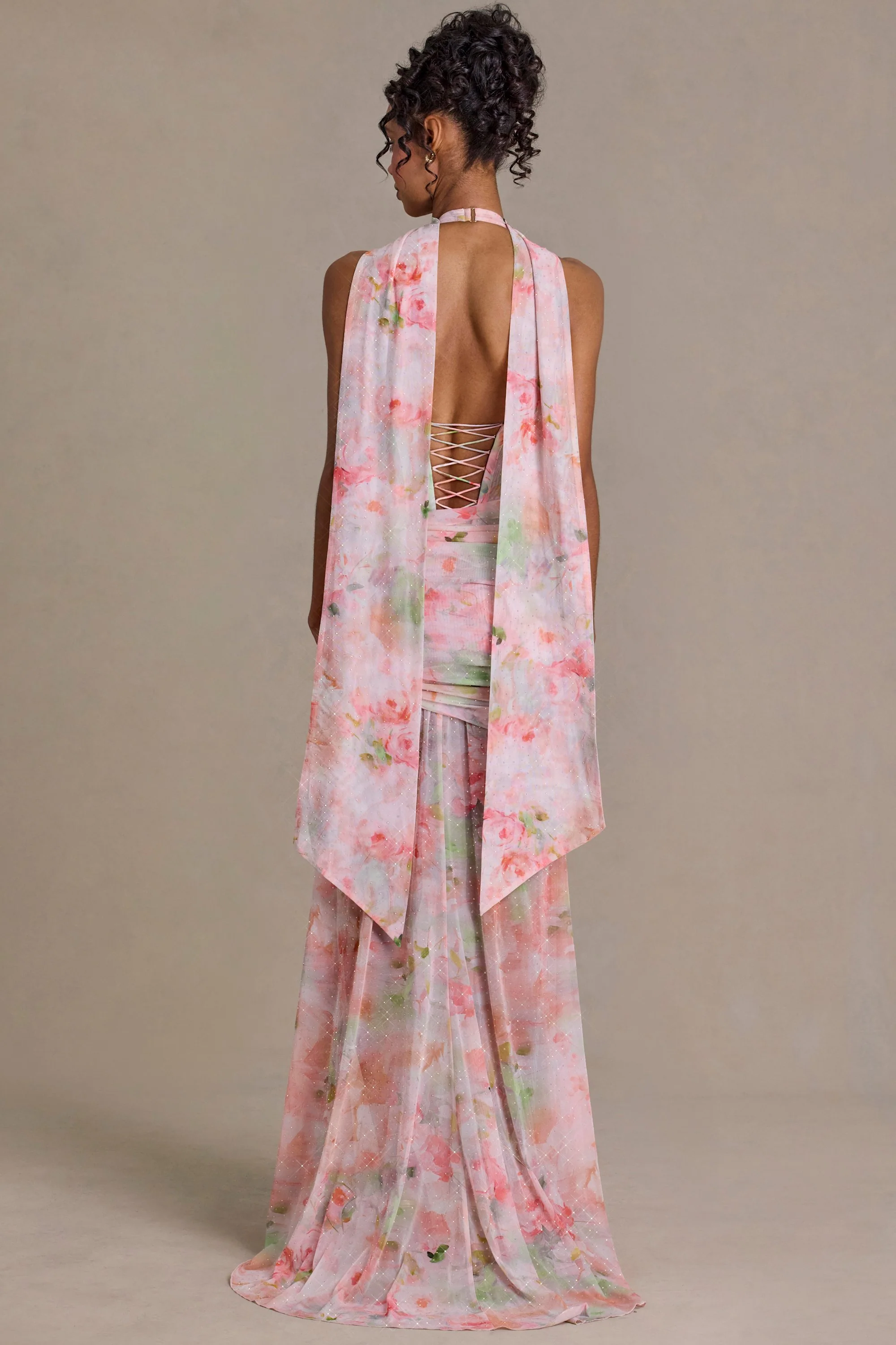 Premium Embellished Scarf-Detail Maxi Dress in Pink Floral Print - Image 5
