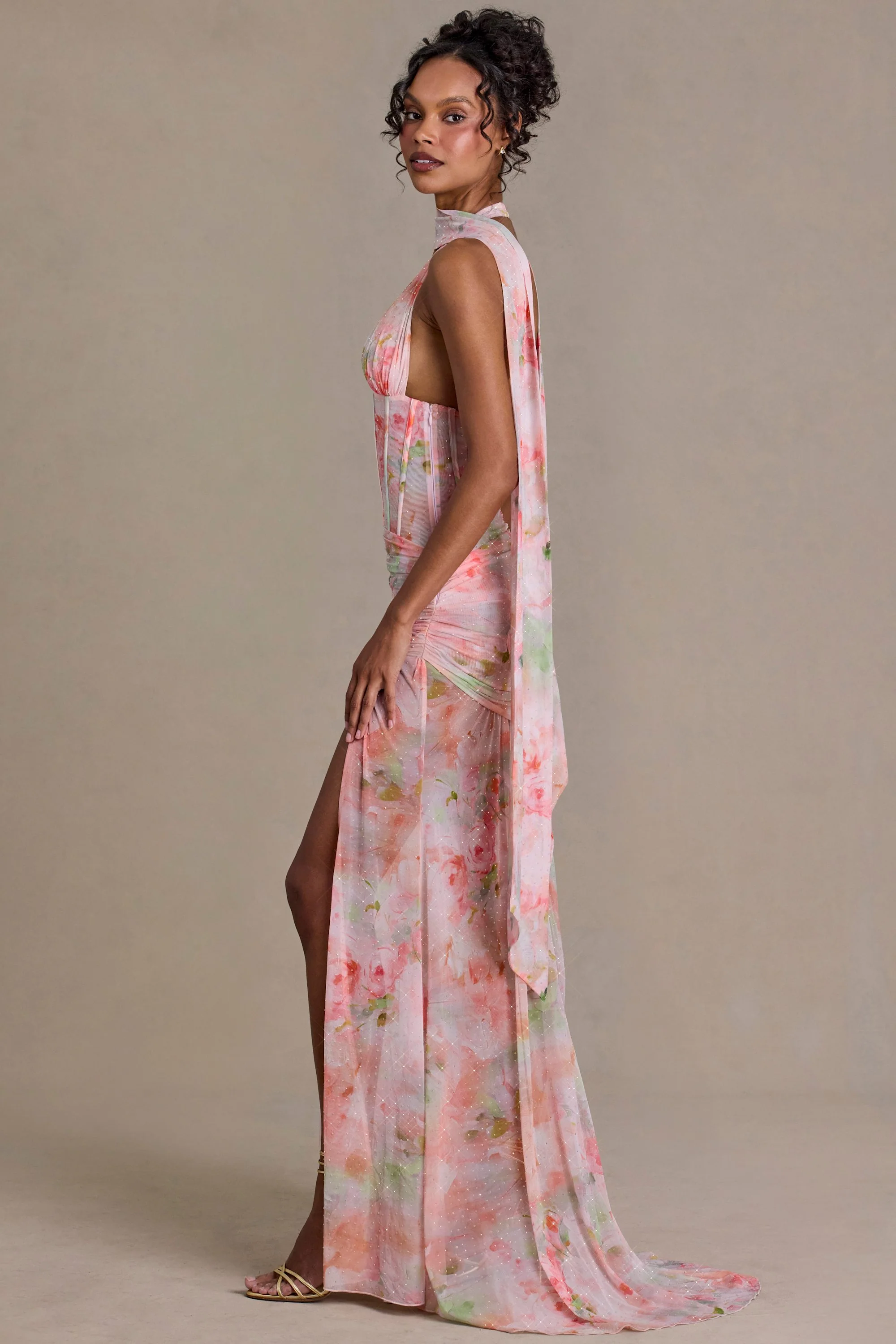 Premium Embellished Scarf-Detail Maxi Dress in Pink Floral Print - Image 6